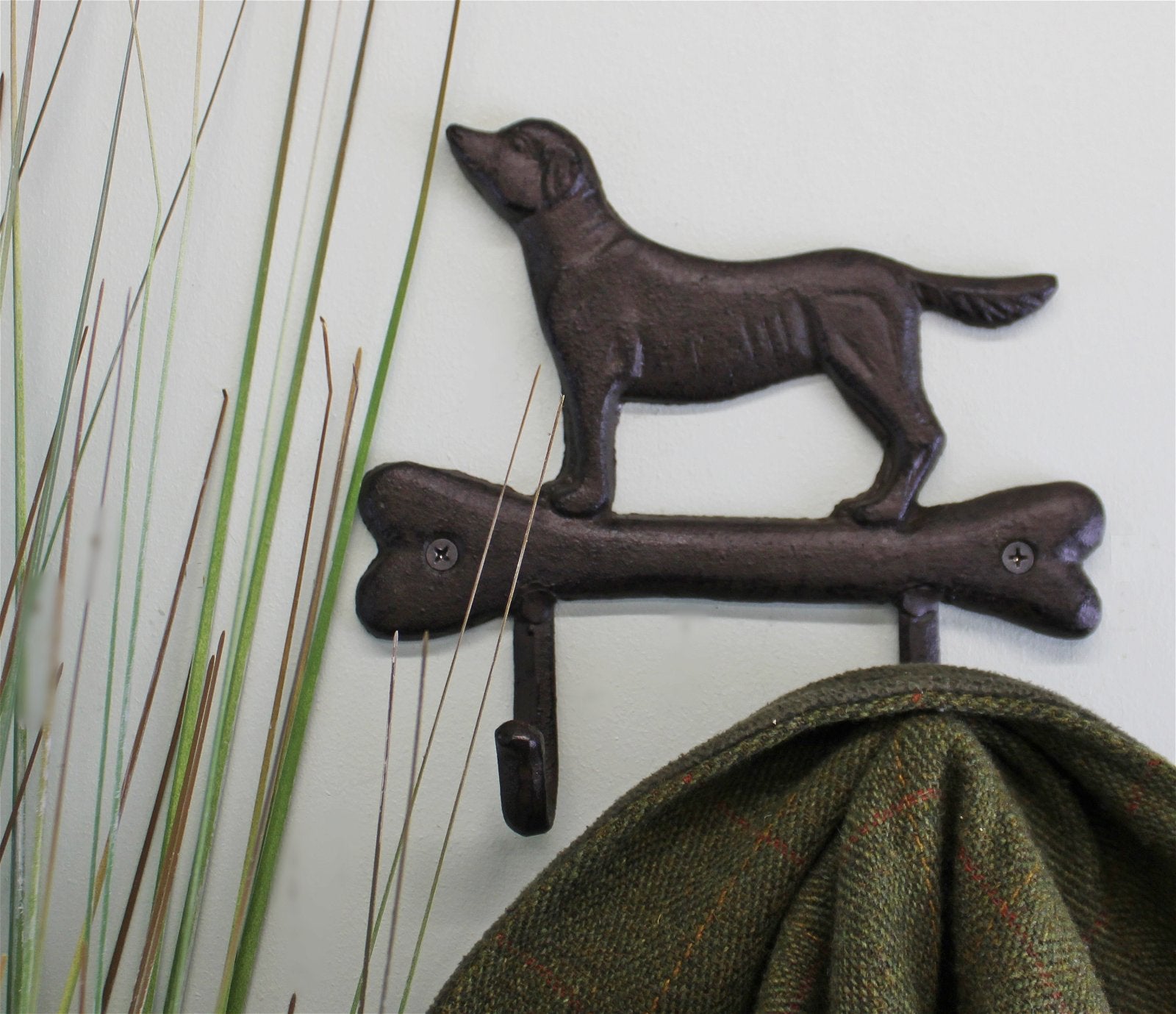 The Rustic Cast Iron Wall Hooks, Gun Dog Design with 2 Hooks, features a charming metal hook shaped like a dog standing on a bone. It holds a green fabric item, possibly a coat or scarf. Tall, slender decorative grasses placed next to the hook against a white wall add an industrial style decor touch to your wall storage solution.