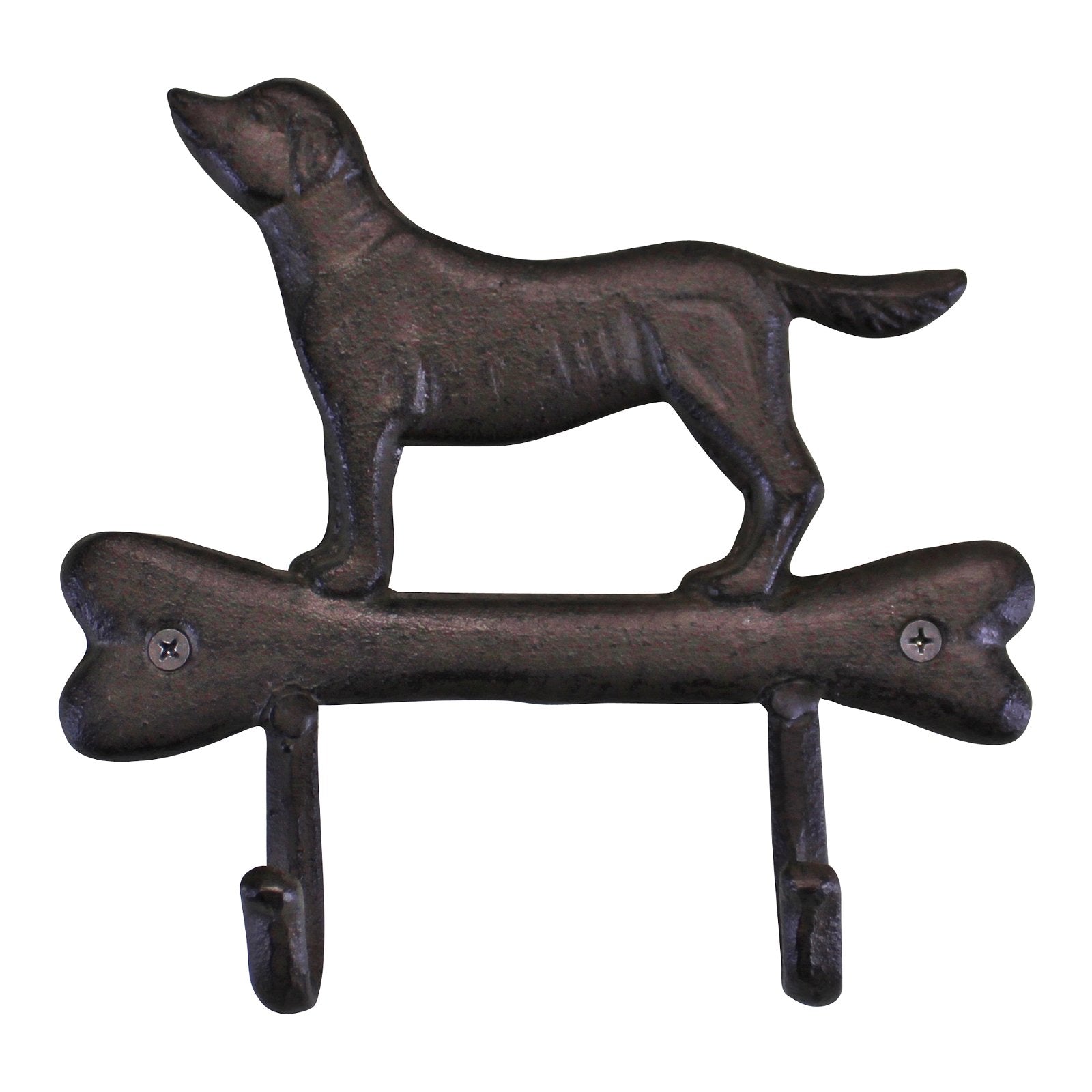 The Rustic Cast Iron Wall Hooks feature a charming gun dog design standing on a bone, complete with two hooks jutting out for hanging items. This decorative wall hook is crafted from metal and boasts a dark, rustic bronze finish, making it the perfect addition to any industrial-style decor and functional wall storage space.