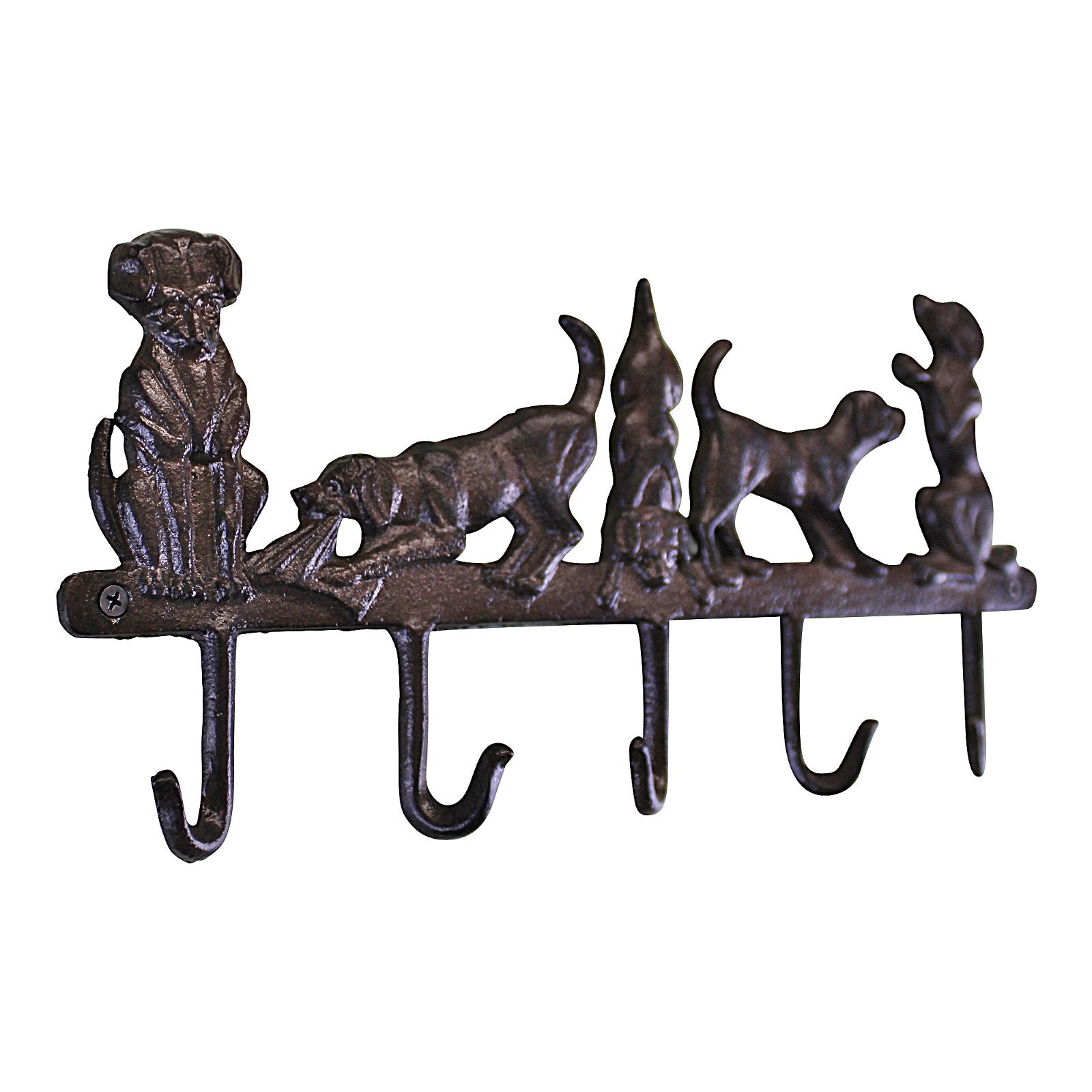 The Rustic Cast Iron Wall Hooks rack features a playful dog design along its length, from a sitting dog to a begging dog, and incorporates industrial-style wall decor. With five curved hooks beneath the figures, it's perfect for small space storage accessories.