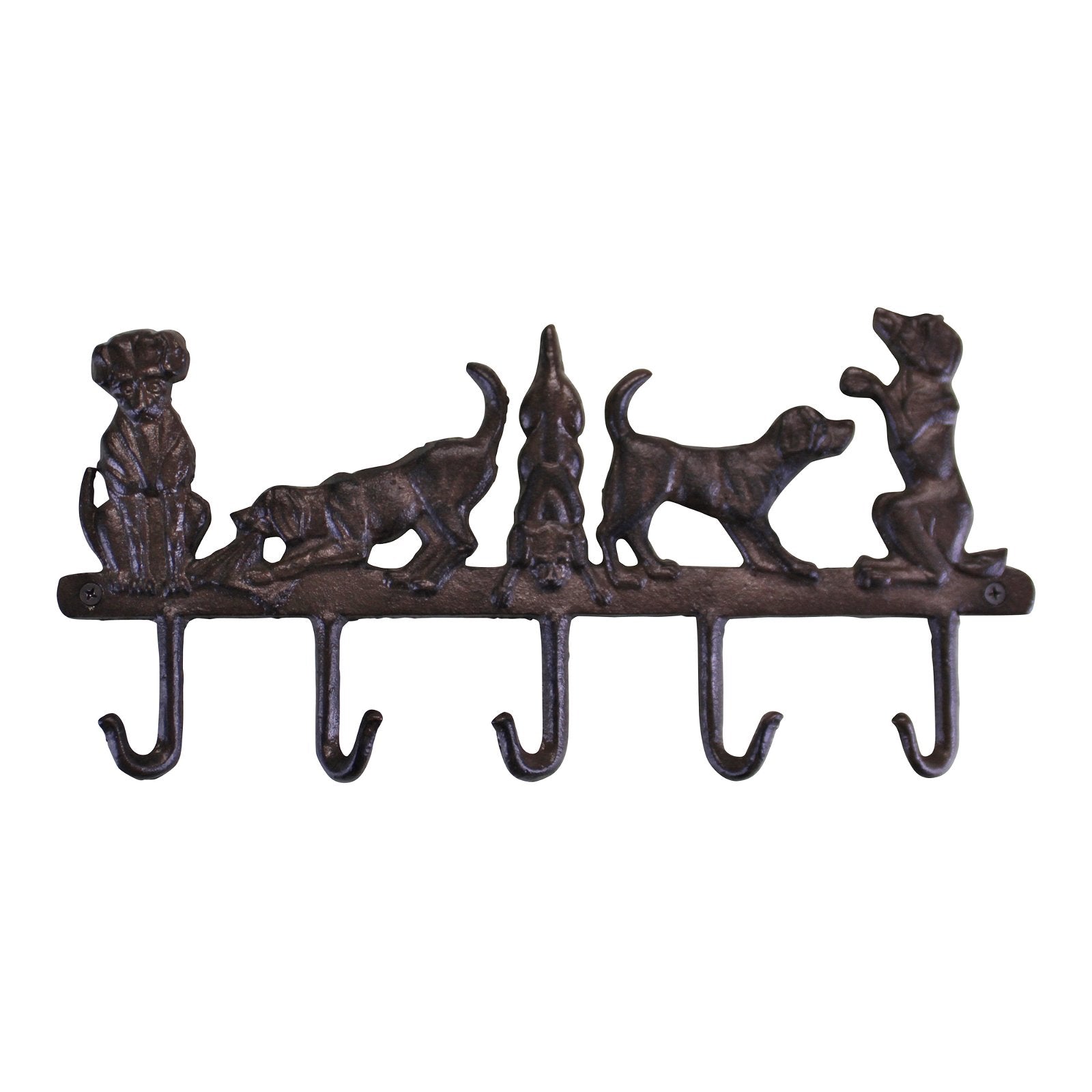 The Rustic Cast Iron Wall Hooks feature five playful dog-shaped hooks in various poses, including a sitting dog, a sniffing dog, an upright sitting dog, and a dog on its hind legs. With an industrial-style vintage finish, it’s perfect for small space storage accessories.