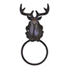 Explore the Cast Iron Rustic Towel Ring, featuring a stag head with antlers. This decorative wall hook includes a circular ring beneath the head, ideal for hanging items.