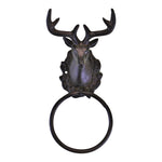 Explore the Cast Iron Rustic Towel Ring, featuring a stag head with antlers. This decorative wall hook includes a circular ring beneath the head, ideal for hanging items.