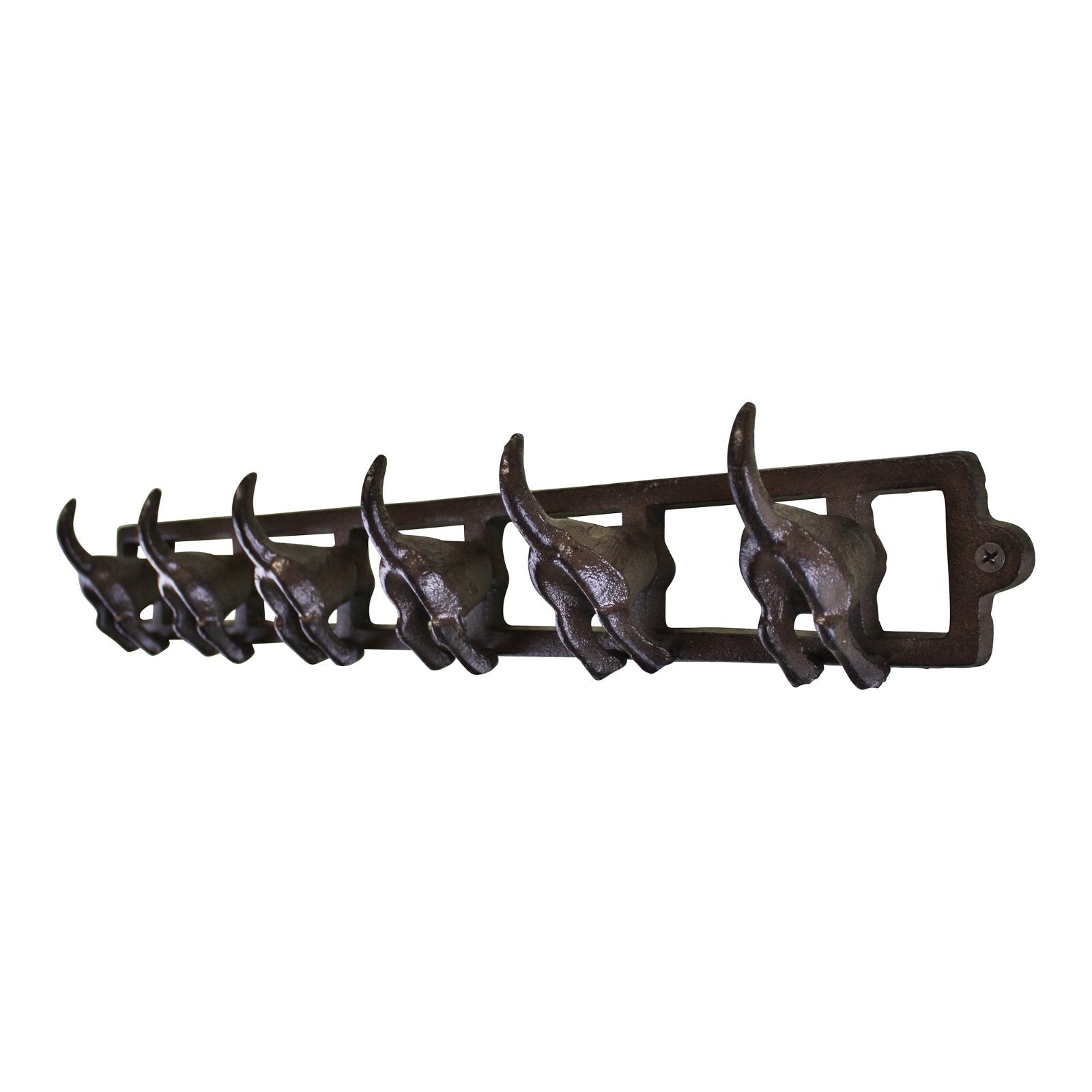 The Rustic Cast Iron Wall Hooks, featuring a charming dog tail design and six prominently spaced hooks, showcase a rustic, industrial aesthetic with a dark metallic finish. Ideal for small space storage, the hooks are shaped like dog tails and can be securely attached to the wall with visible screws.