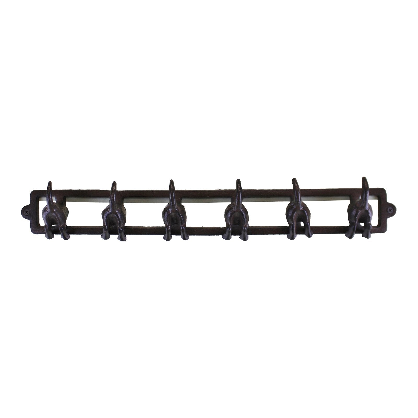 Introducing the Rustic Cast Iron Wall Hooks in a charming dog tail design, featuring six evenly spaced hooks. Perfect for small space storage, this minimalist and functional coat rack ensures items are held securely with its curved hook tips. The industrial-style rack is attached to a rectangular base with two mounting holes on either end, combining style and functionality effortlessly.