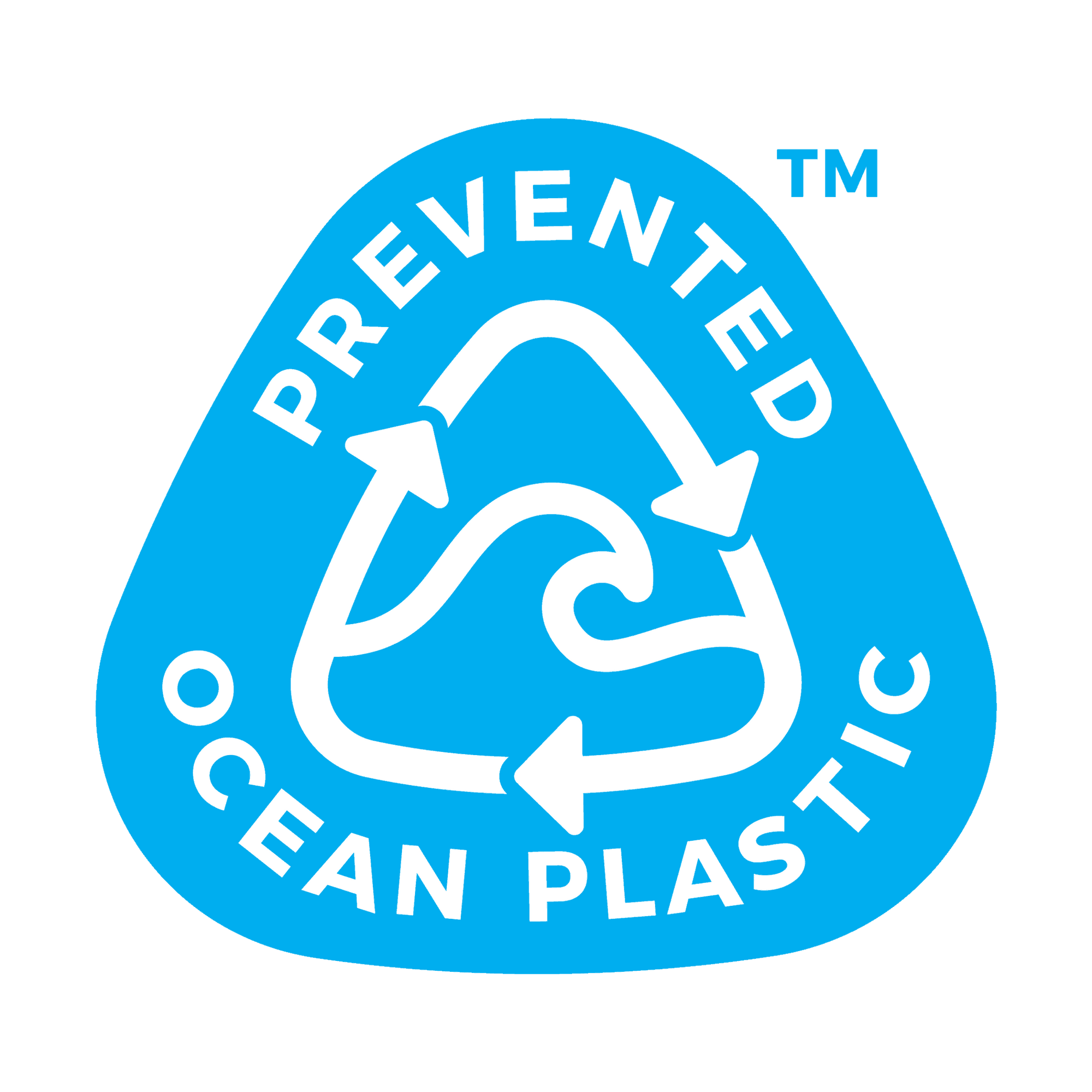 The Prevented Ocean Plastic™ Rain Collecting Watering Can in Ocean Blue (7 Litre) features a blue, triangular-shaped logo with rounded corners, showcasing a white stylized recycling symbol. The symbol consists of three arrows forming a triangle around a wave design. Encircling the recycling symbol is the text "PREVENTED OCEAN PLASTIC," along with a small trademark icon (TM) positioned at the top right, highlighting its recycled plastic material.