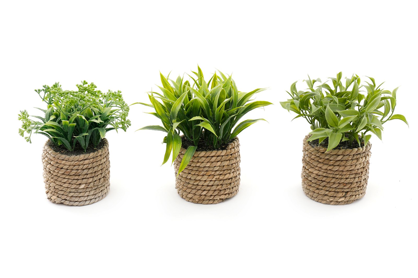 Three pots made of rope shown with green artificial succulents inside