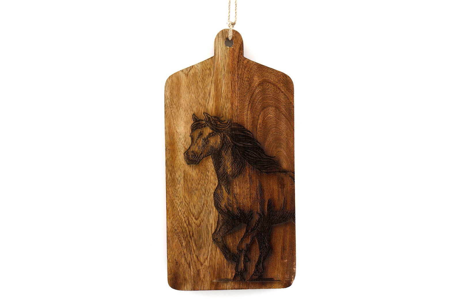 The Horse Engraved Wooden Cheese Board, crafted from Mango Wood, features a detailed running horse engraving. This rectangular board includes a top handle and an elegant hanging rope for display.