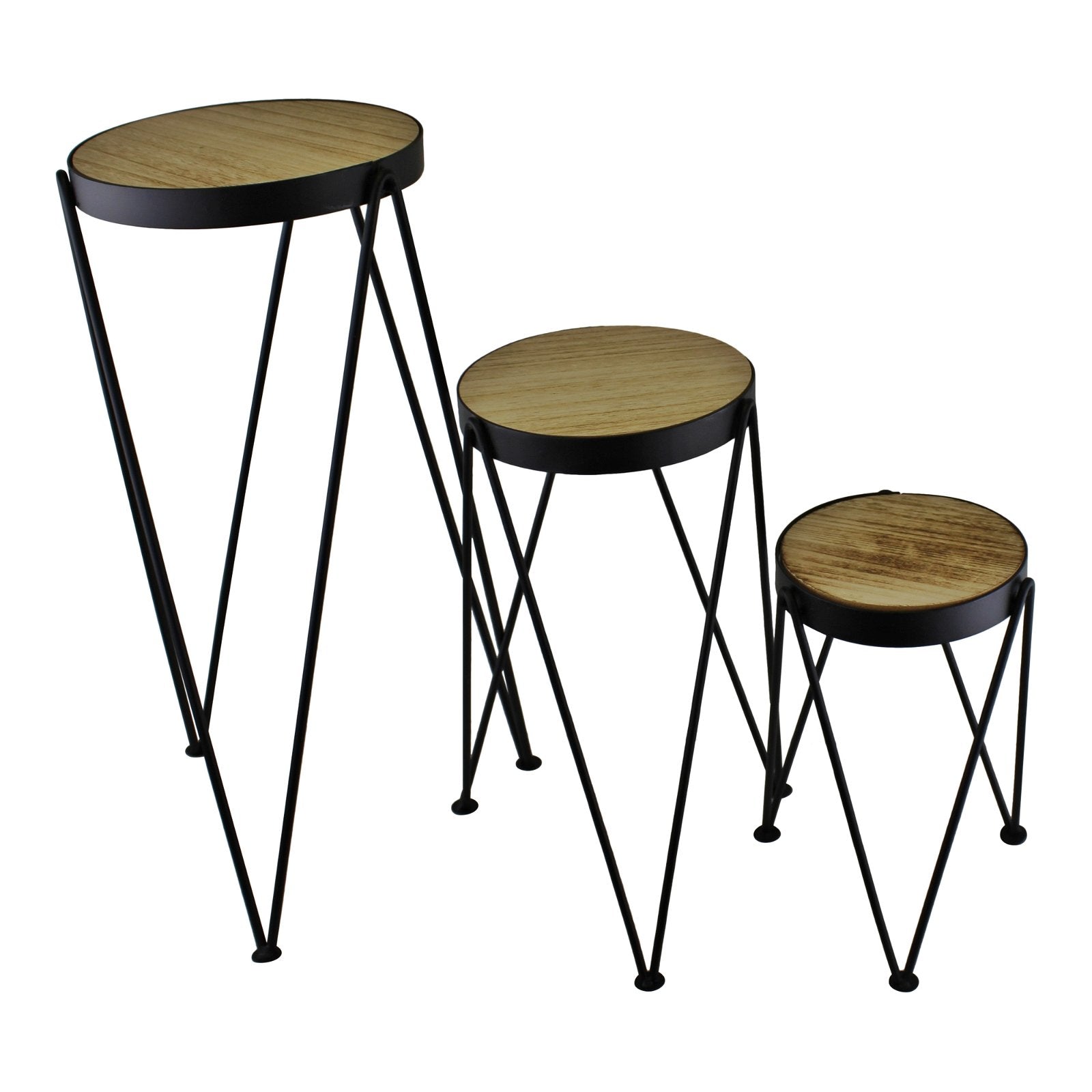 Set of 3 Black Metal and Wood Effect Plant Stands