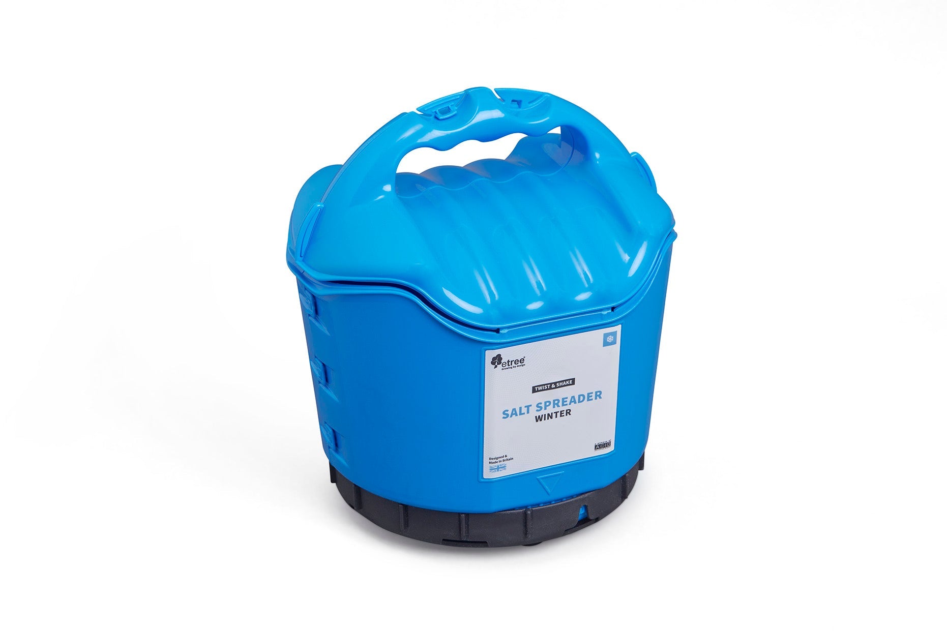 The Winter Plastic Twist & Shake Salt Spreader is a blue, portable device with a rounded top handle and a label reading "Winter Plastic Twist & Shake Salt Spreader." It features an adjustable flow rate with 10 settings and a sturdy, black base designed for easy salt dispersion. With its 5KG capacity, it's ideal for effective ice control during the winter season.