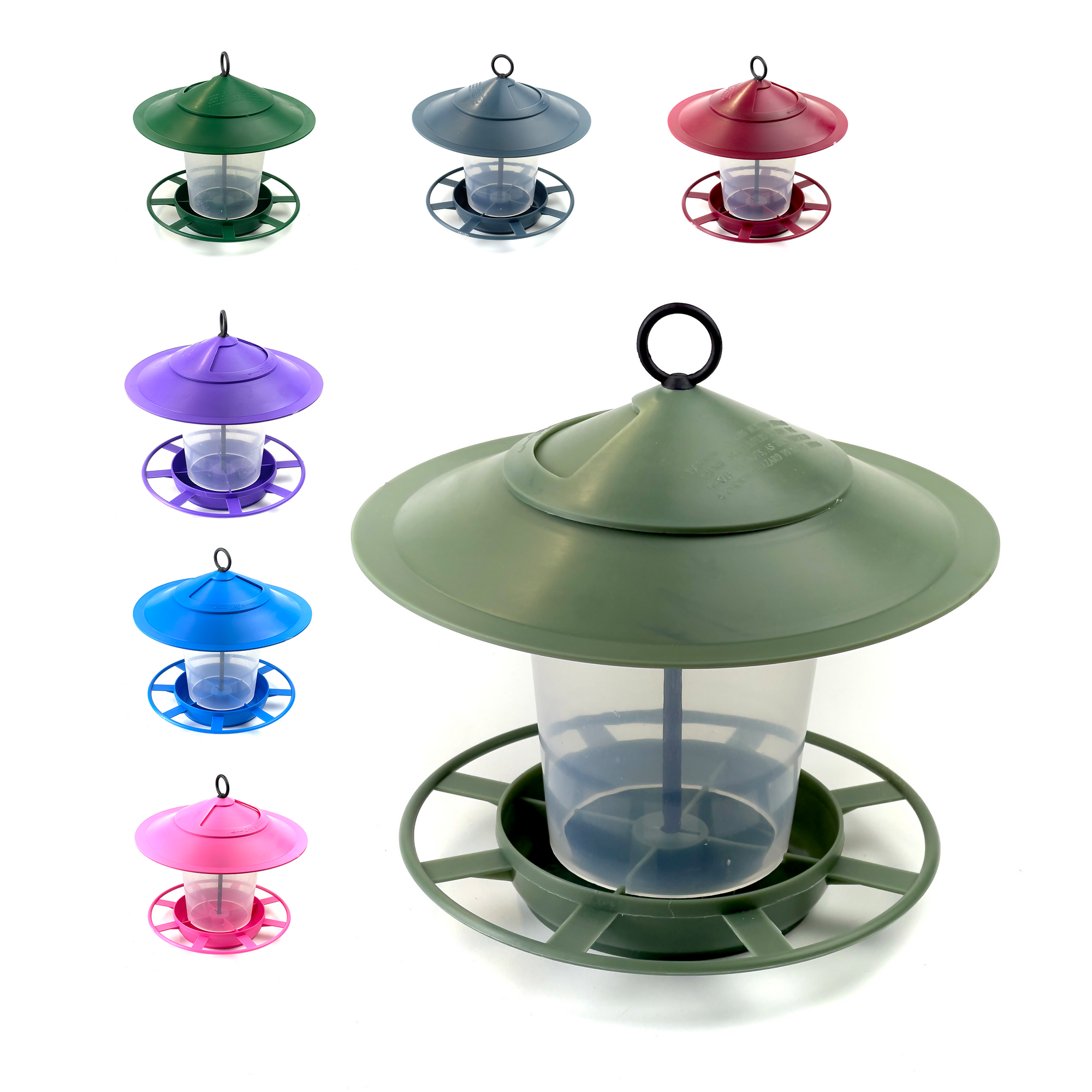 A green Etree Bird Feeder Lantern, featuring a transparent cylindrical compartment and a wide circular roof, stands surrounded by six smaller Etree Bird Feeder Lanterns in an array of colors: black, red, purple, blue, light blue, and pink. Each bird feeder boasts the Easy to Clean design to prevent disease and protect wildlife while ensuring convenient maintenance.