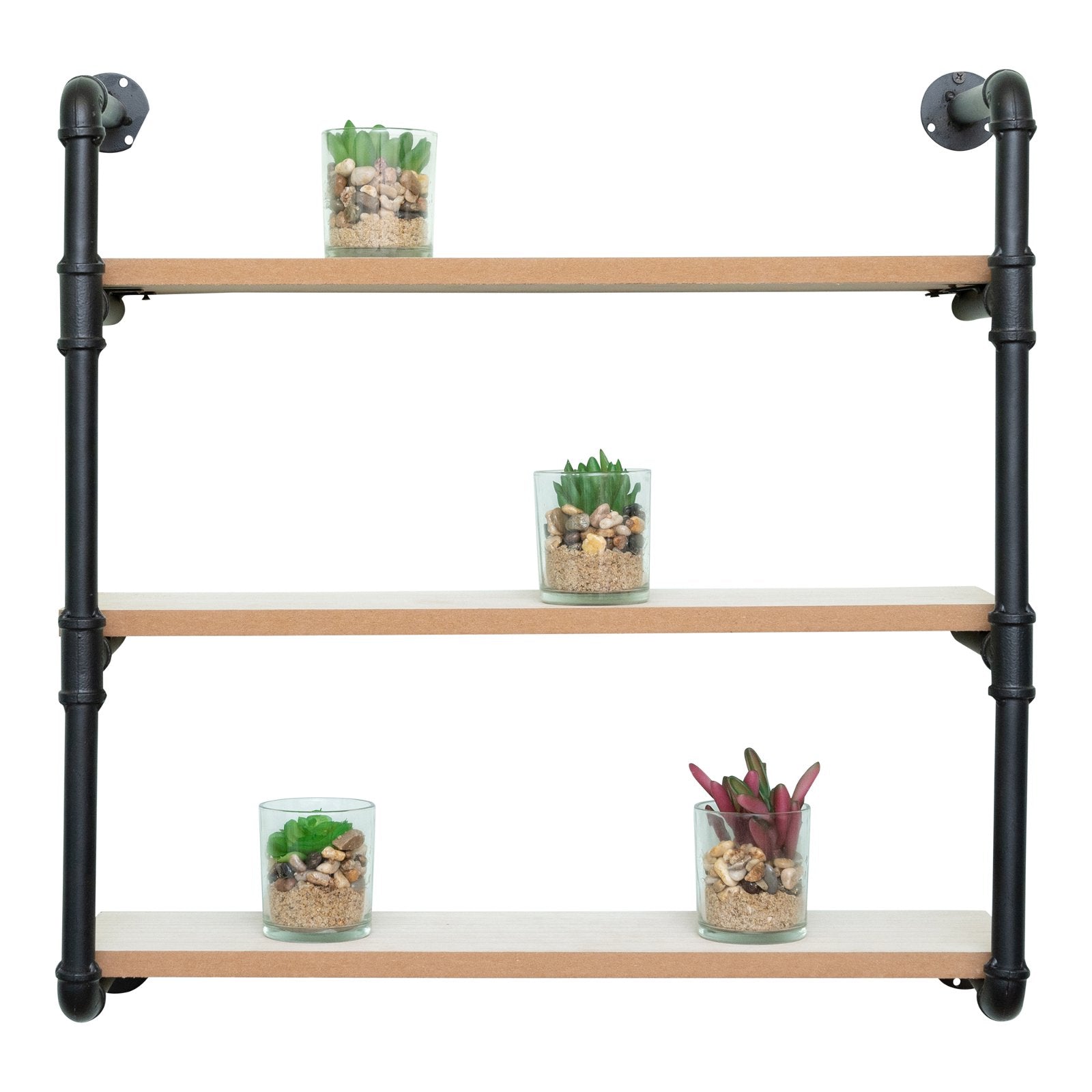 The Black Pipe & Wooden Shelves 58cm, mounted on a white wall, features three tiers of wooden shelves framed with black metal pipes. Each rustic shelving unit holds a glass pot filled with small rocks and a succulent plant. From top to bottom, the two middle shelves display green succulents, while the bottom shelf showcases a red succulent.