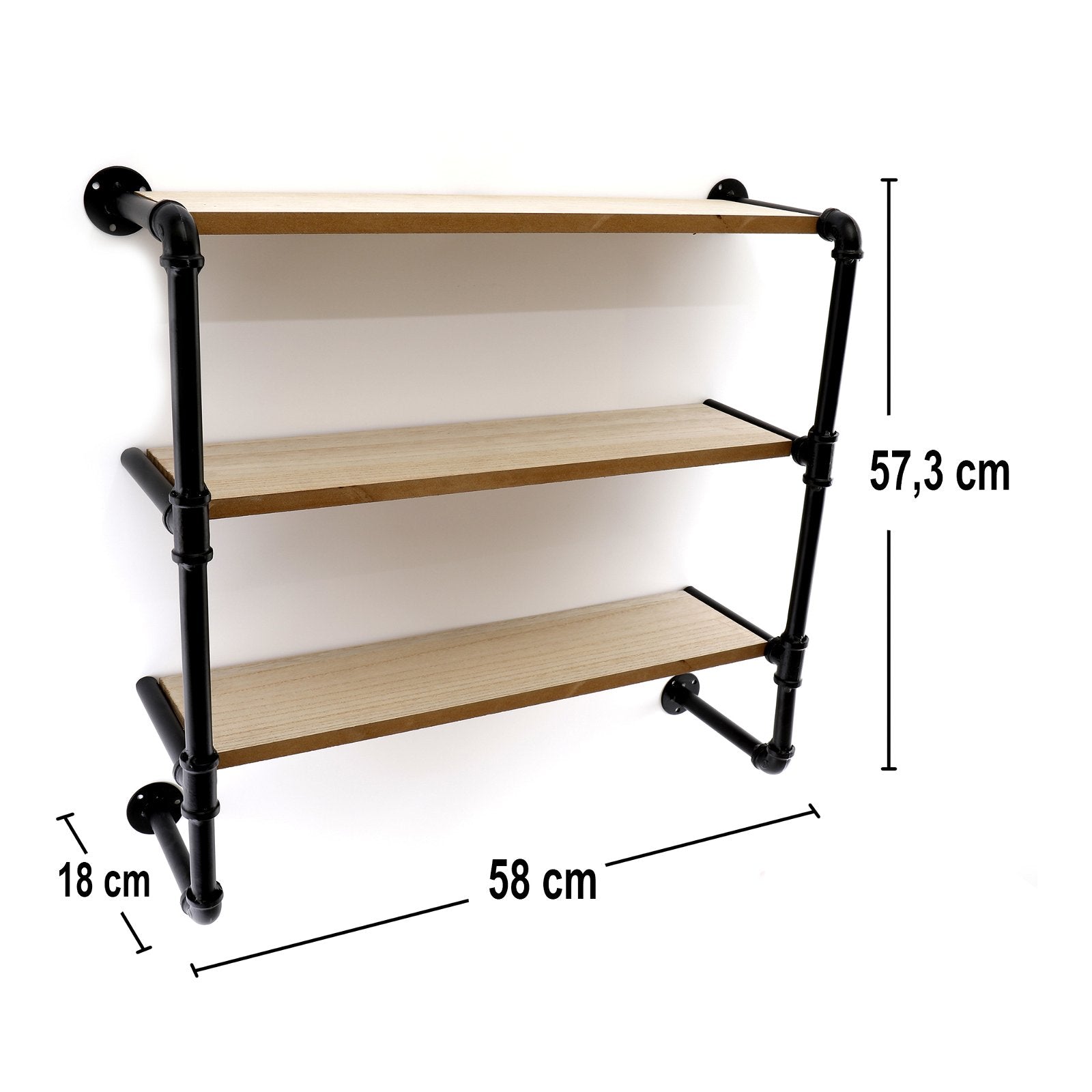 The "Black Pipe & Wooden Shelves 58cm" is an industrial-themed, wall-mounted shelving unit that includes three wooden shelves supported by black metal pipes. Measuring 58 cm in length, 18 cm in depth, and 57.3 cm in height, this rustic shelving unit features evenly spaced shelves attached to the wall with matching black metal brackets.