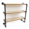 The Black Pipe & Wooden Shelves 58cm, featuring three wooden shelves supported by black industrial-style metal pipe brackets, stands out beautifully against a white background.