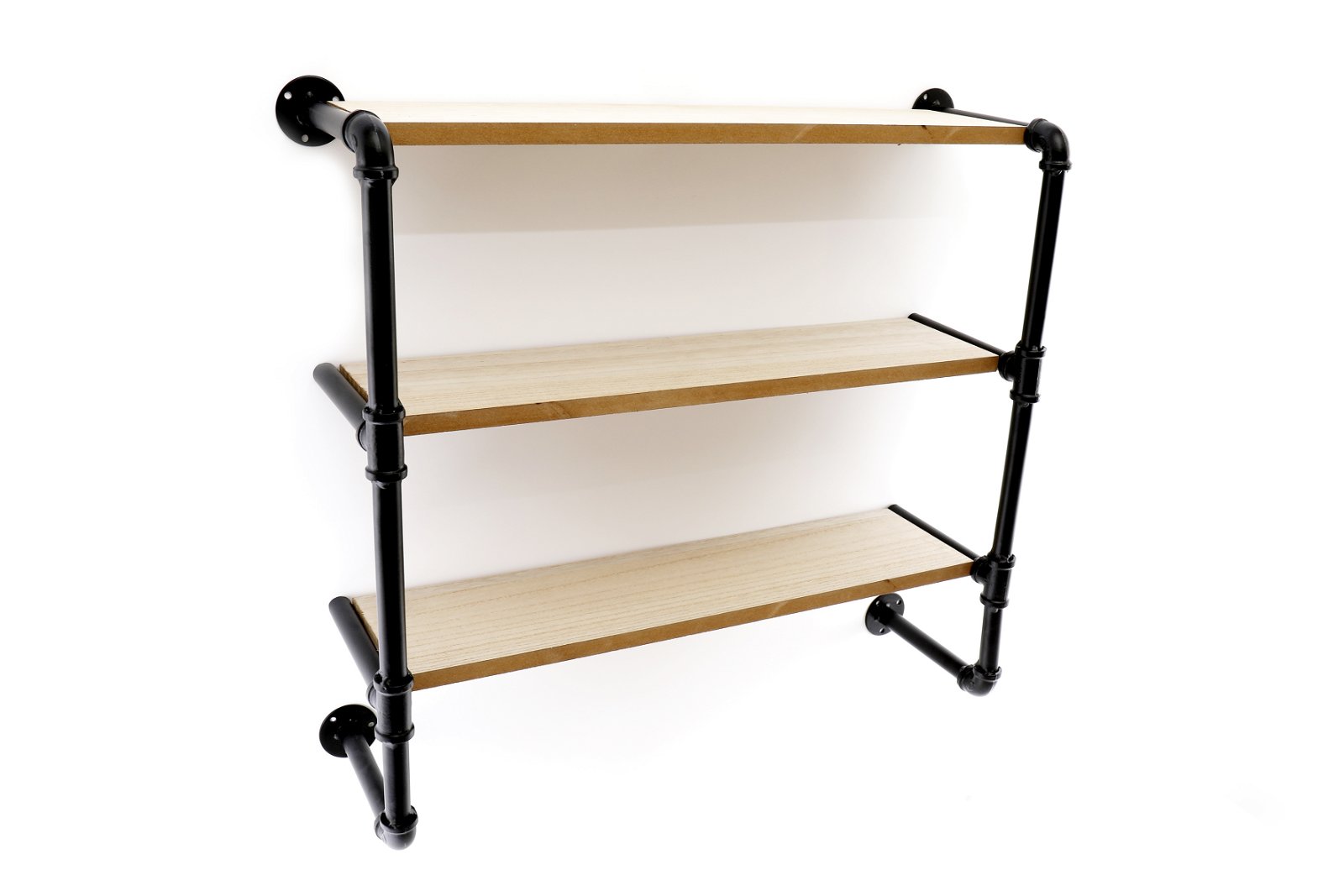 The Black Pipe & Wooden Shelves 58cm, featuring three wooden shelves supported by black industrial-style metal pipe brackets, stands out beautifully against a white background.