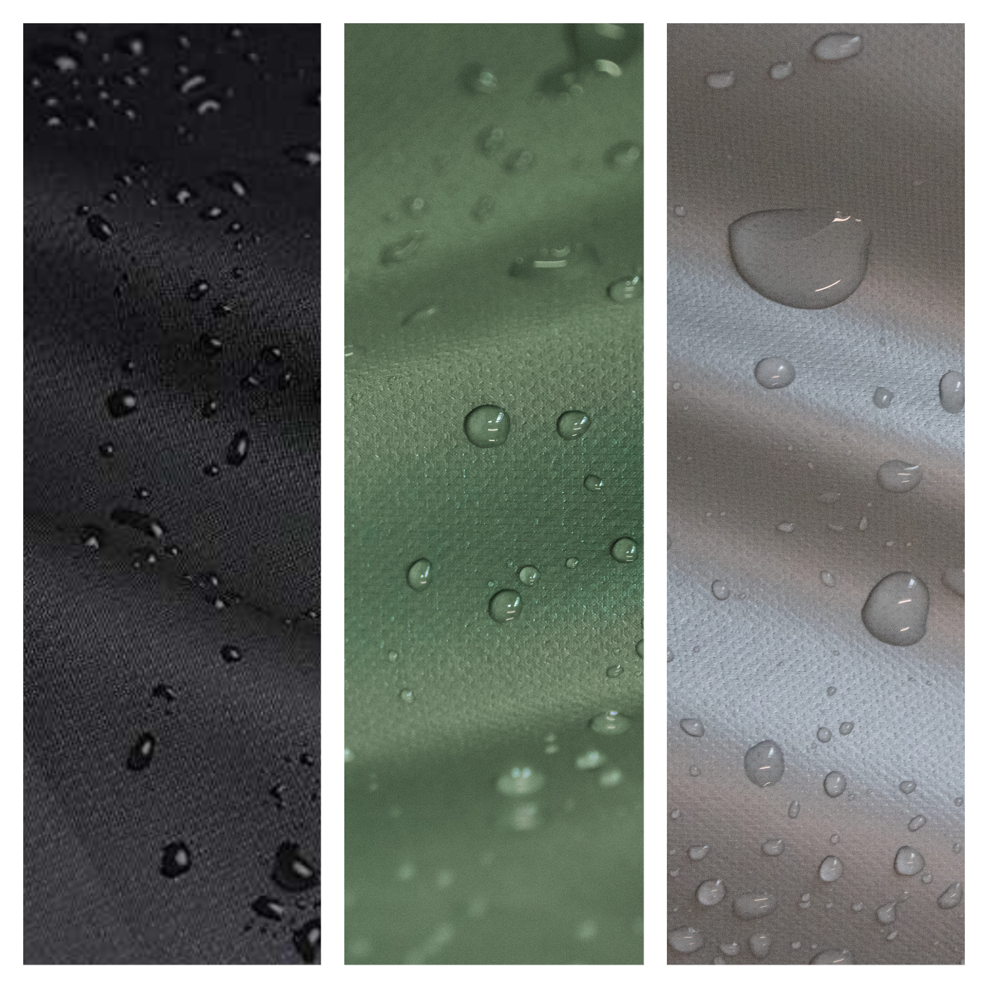 Three vertical panels feature water droplets on UV-protected PVC fabrics: the left is black, the middle green, and the right gray. These Premium Stacking Chair Covers (61 X 68 X 68/107 cm) offer a smooth texture with evenly dispersed droplets, perfect for protecting outdoor furniture.