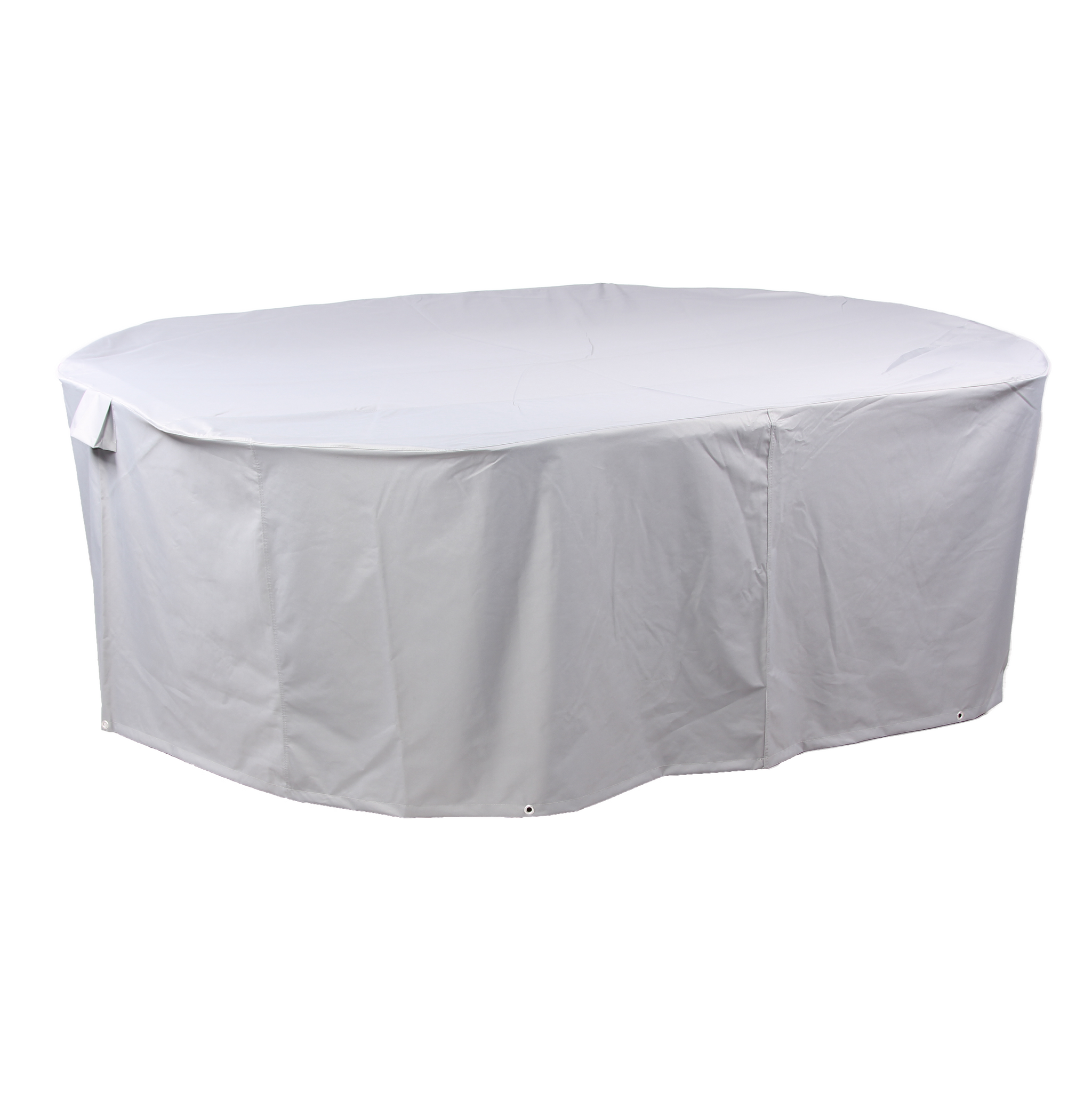 The Premium Patio Set Cover - Medium Oval - 208 X 191 X 95 (H) cm in light gray provides UV-protected, waterproof coverage for your outdoor table, perfectly enveloping its oval shape to shield it from the elements.