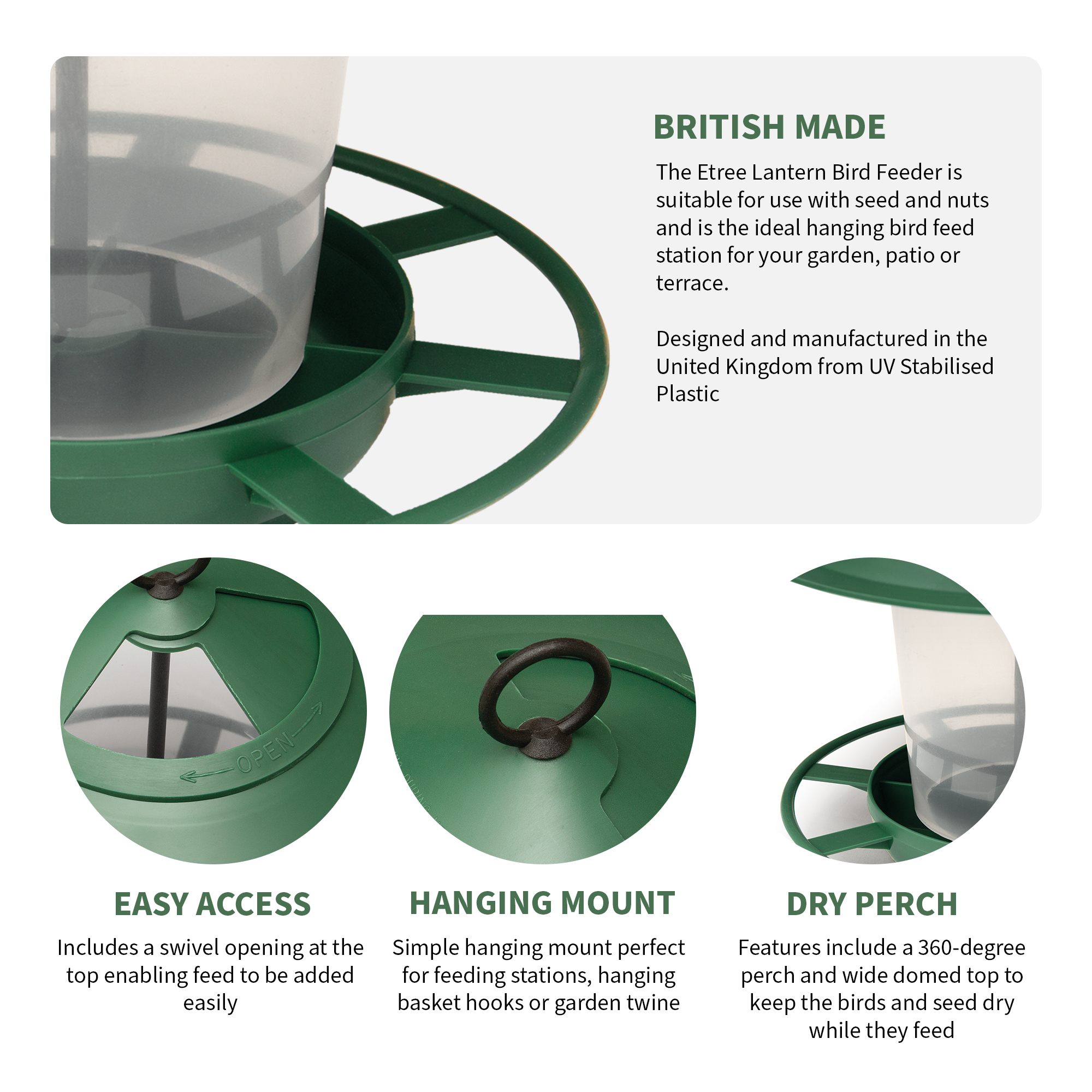 An image showing features of the Pre Filled Hanging Lantern Bird Feeder Gift Set & Sunflower Hearts Wild Bird Seed (450g), perfect for Sunflower Hearts wild bird seed. The British-made feeder boasts a swivel opening for easy filling, a hanging mount for simple hanging, and a 360-degree dry perch. Made from UV-stabilized plastic, it's designed for use with seeds and nuts.