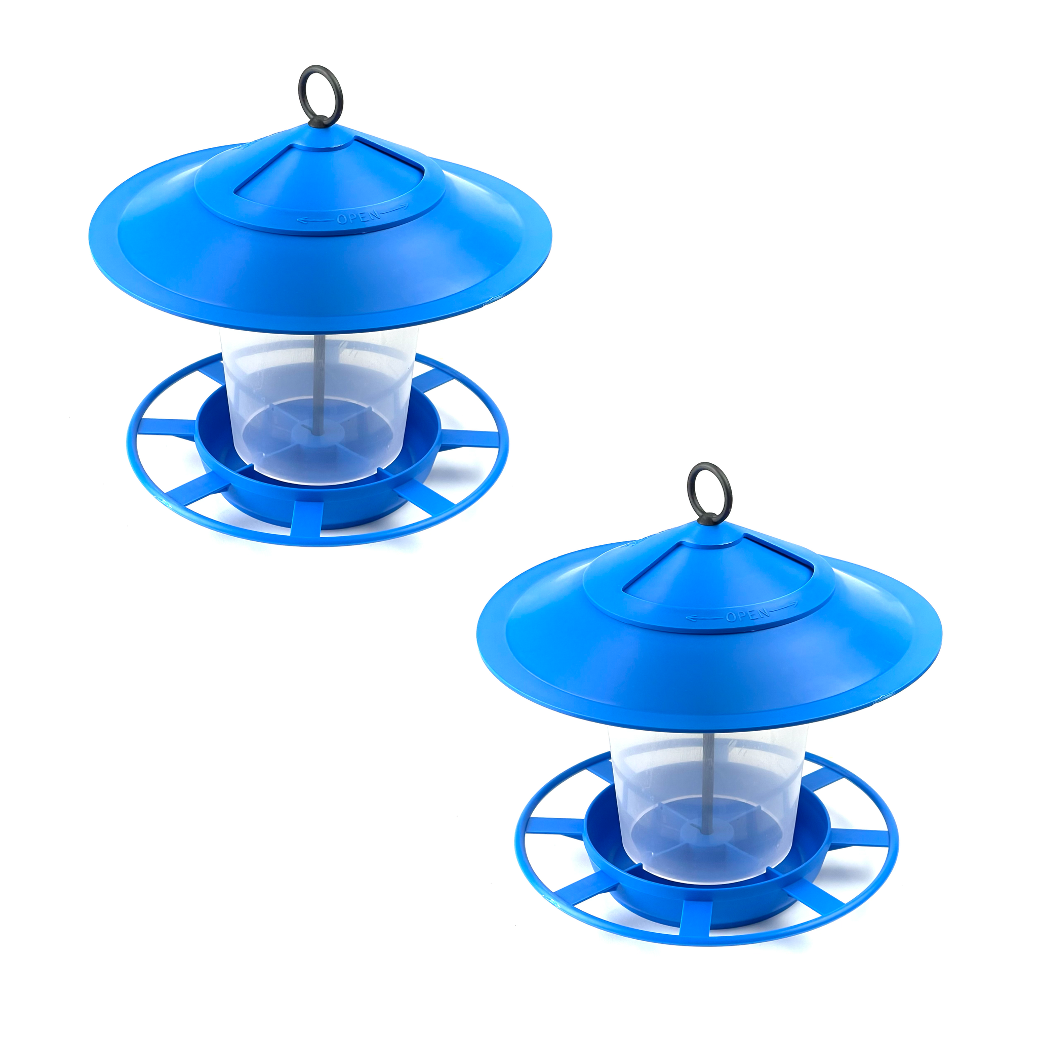 Two identical blue Etree Bird Feeder Lanterns - Easy to Clean Prevent Disease & Protect Wildlife feature circular roofs and hooks on top. Each feeder includes a clear cylindrical container at the center for holding bird seeds, surrounded by circular perches where birds can sit while feeding. The plain white background provides a hygienic feeding environment.