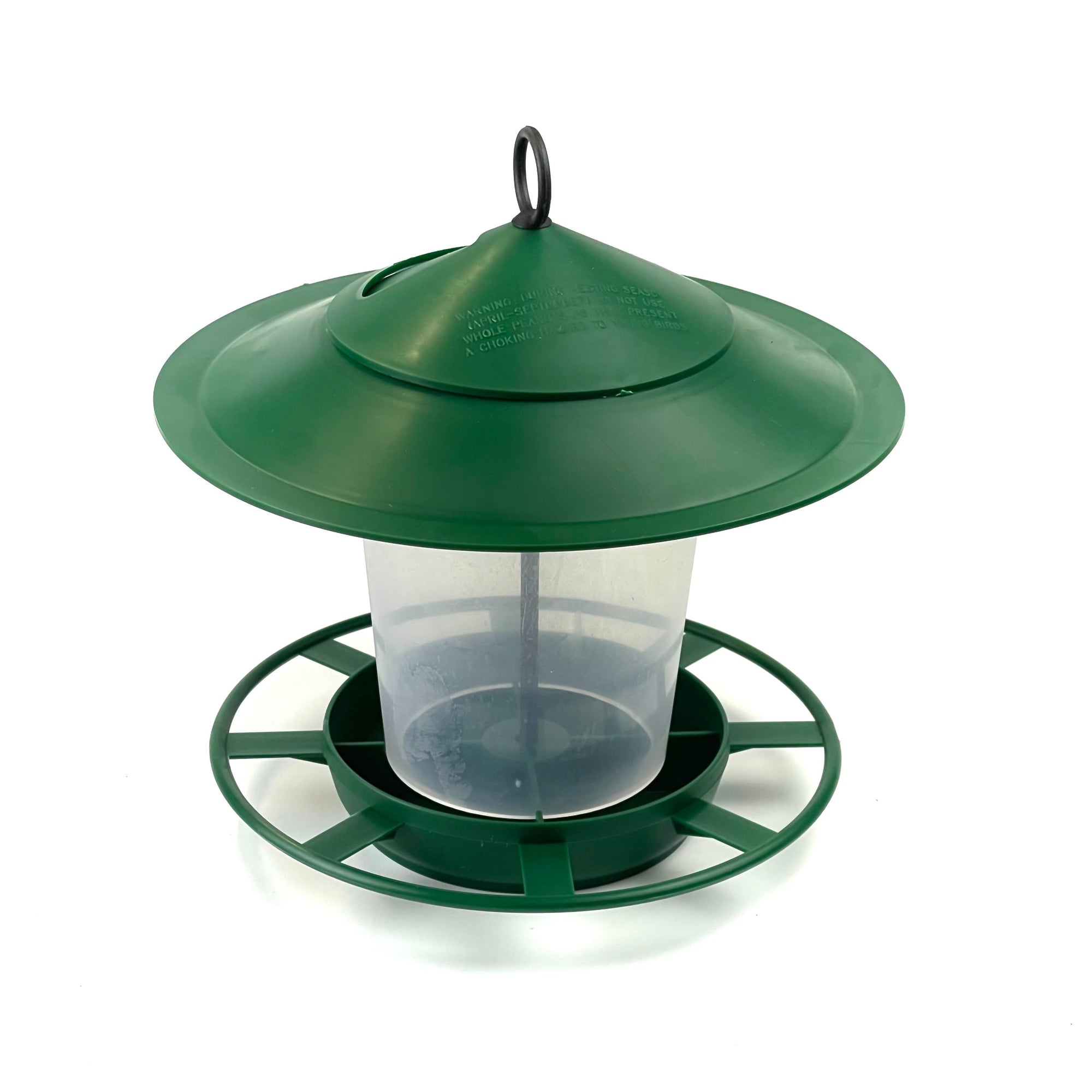 The Etree Bird Feeder Lanterns - Easy to Clean Prevent Disease & Protect Wildlife is a dark green circular bird feeder featuring a transparent plastic seed container and a spacious, round base for birds to perch on while feeding. It has a dome-shaped top with a loop for hanging, offering a hygienic feeding environment among your essential bird feeding accessories.