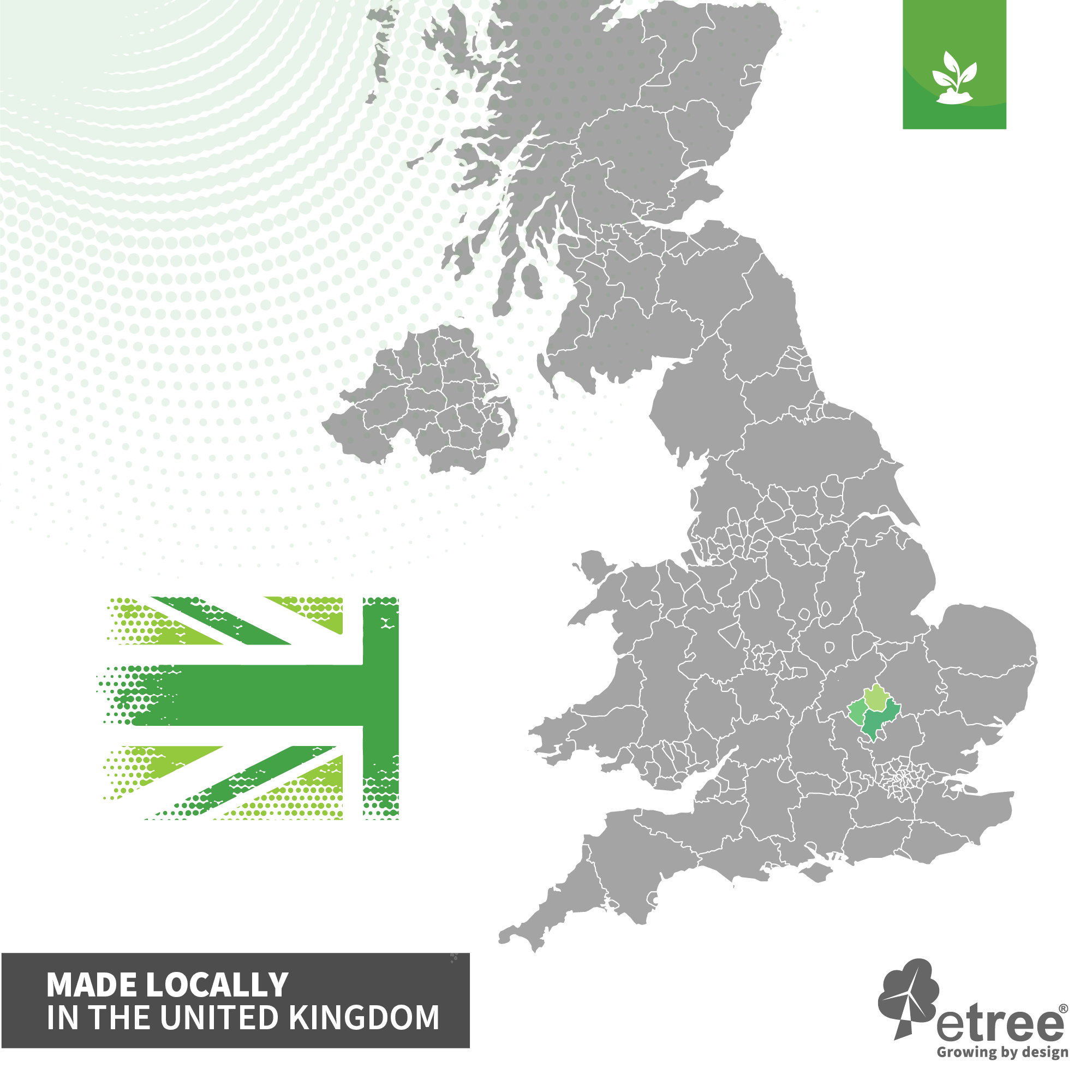 A map of the United Kingdom with a highlighted region in green. A stylized green Union Jack flag sits to the left. The words "MADE LOCALLY IN THE UNITED KINGDOM" and the Etree logo with the tagline "Growing by design" are at the bottom, promoting our Etree Bird Feeder Lanterns - Easy to Clean Prevent Disease & Protect Wildlife for a hygienic feeding environment.