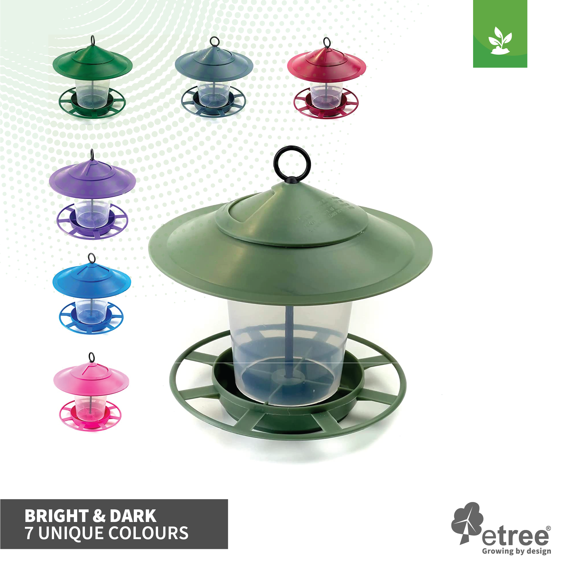 Image of the Etree Bird Feeder Lantern with multiple color options displayed. The main feeder is green with a wide, conical roof and circular perch, designed for an easy clean and hygienic feeding environment. Smaller versions in blue, purple, pink, and red are shown above. Text reads "Bright & Dark 7 Unique Colours" with the Etree logo.