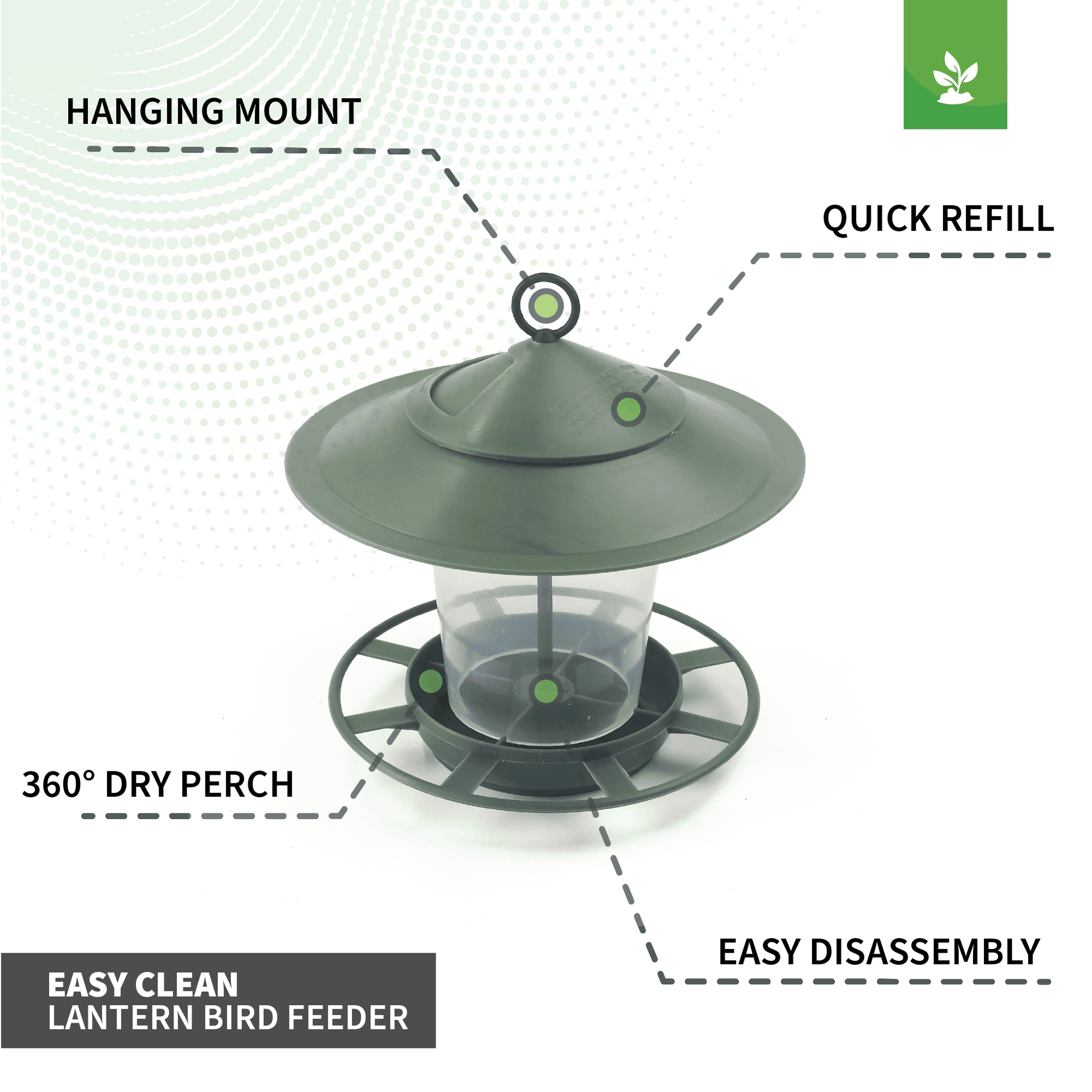 A green lantern-shaped Etree Bird Feeder with labeled features such as a hanging mount, quick refill system, 360° dry perch, and easy disassembly for hygienic feeding. The labels emphasize the ease of cleaning to prevent disease and protect wildlife. The text at the bottom reads "Etree Bird Feeder Lanterns - Easy to Clean Prevent Disease & Protect Wildlife." The background is white with green accents.