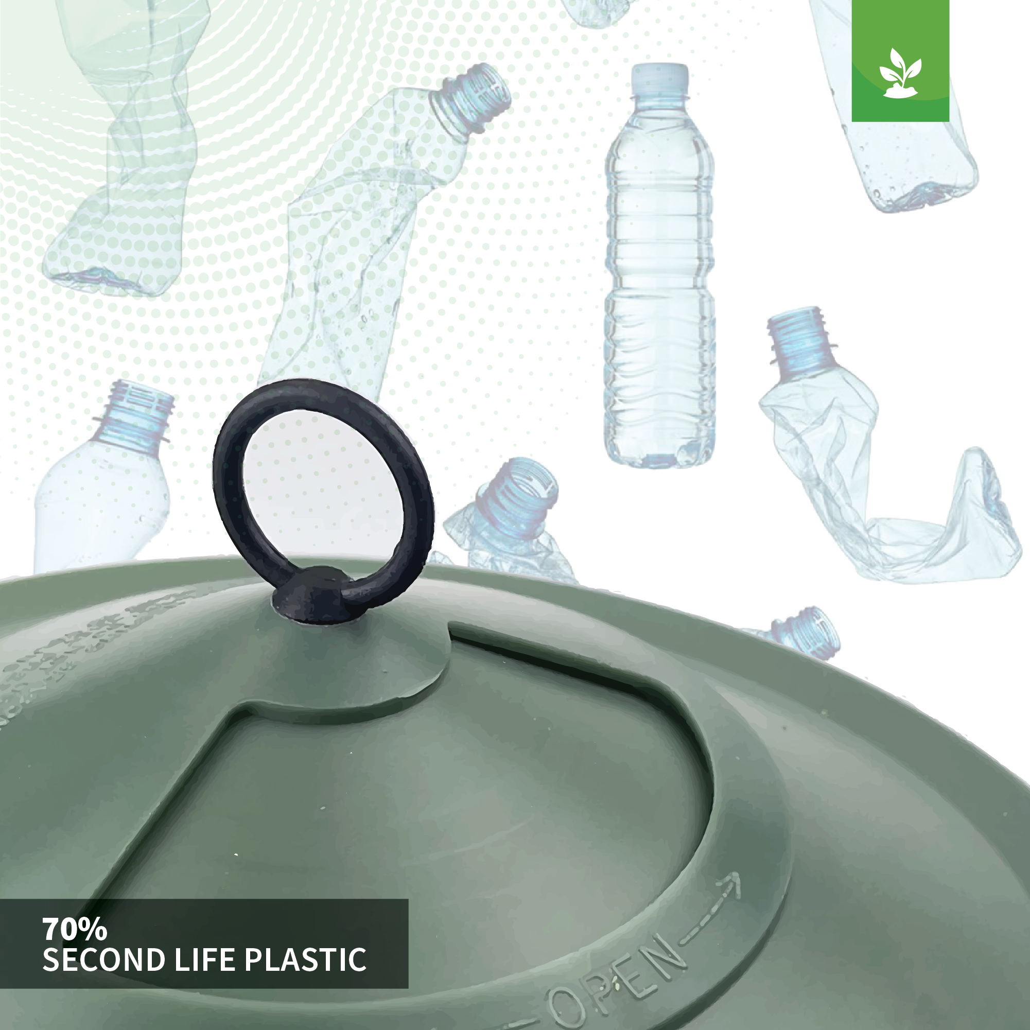 A close-up of an eco-friendly green plastic lid with a circular handle, made from 70% second-life plastic, highlighting its sustainability. The background features various plastic bottles, some crumpled. A green leaf icon in the top right corner underscores its eco-friendliness. Ideal for Etree Bird Feeder Lanterns - Easy to Clean Prevent Disease & Protect Wildlife, these bird feeding accessories ensure a hygienic feeding environment.