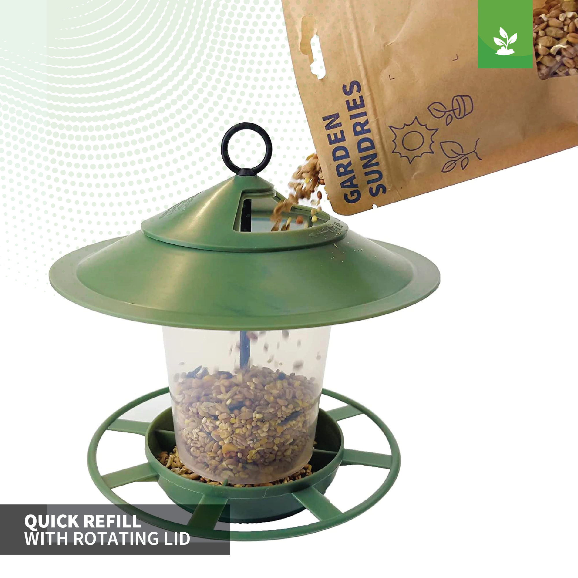 An Easy to Clean Etree Bird Feeder Lantern is being refilled with seeds from a brown bag labeled "Garden Sundries." The green feeder features a rotating lid and a transparent, seed-filled container for quick refills. This design ensures a hygienic feeding environment. Text on the image reads "Quick Refill with Rotating Lid.