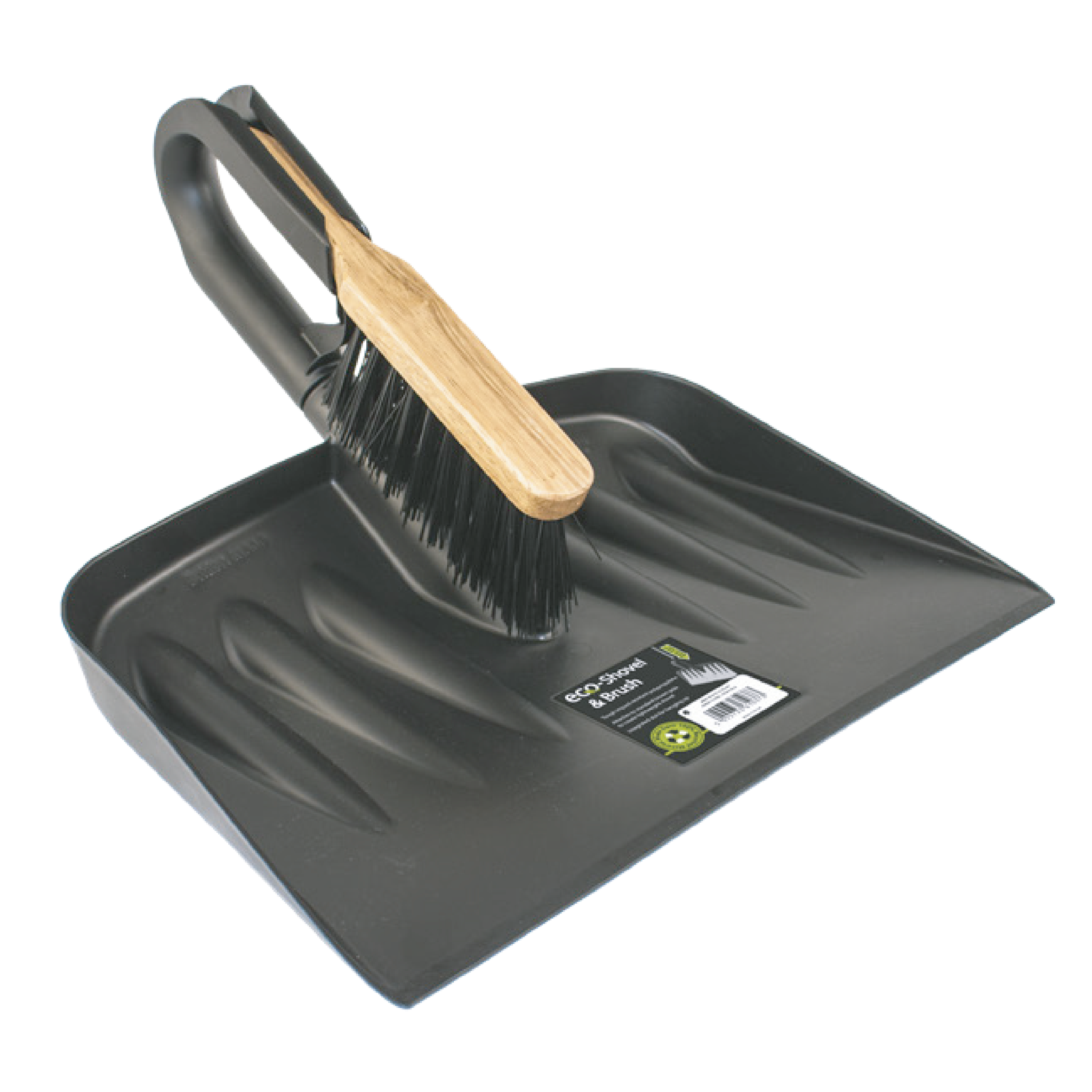 The Heavy Duty Patio Dustpan and Hard Brush, both in black, feature a sturdy dustpan with an angled handle and an impact-resistant shovel blade. Paired with it is a handheld brush that has a wooden handle and black bristles. The brush rests on the dustpan, which displays its product label prominently.