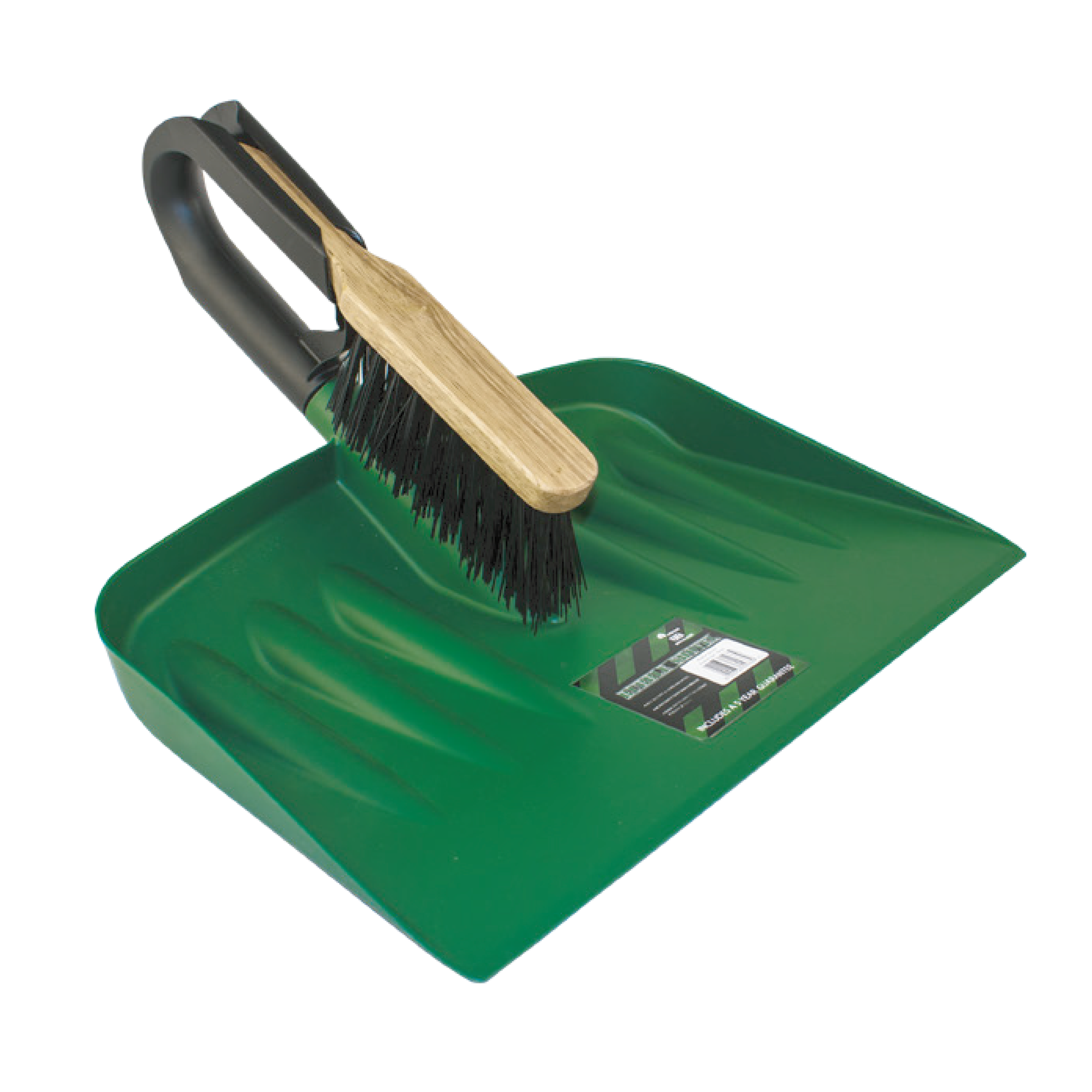 Introducing the Heavy Duty Patio Dustpan and Hard Brush set, featuring a green dustpan with a black ergonomic handle and an impact-resistant shovel blade. The set includes a sturdy brush with a wooden handle topped with black bristles, and there is a label attached to the inside surface of the dustpan.