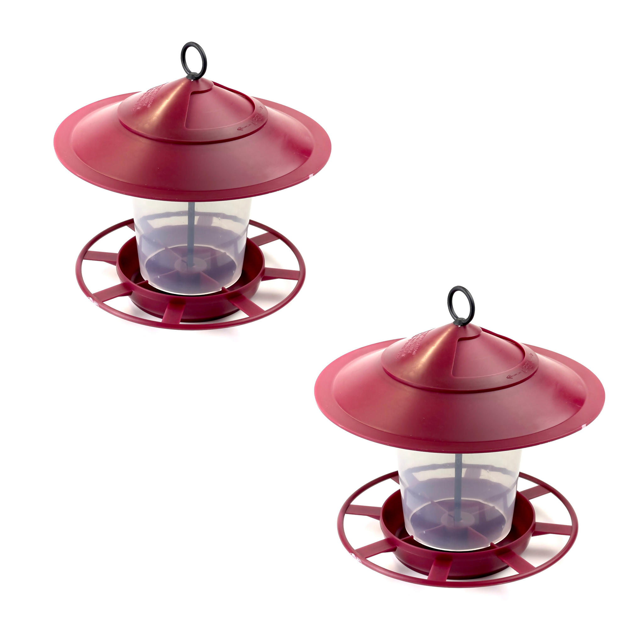 Two Florentine Red Etree Bird Feeder Lanterns come with conical roofs and circular bases featuring several perching spots. Each feeder includes a clear cylindrical container at the center for holding birdseed, promoting a hygienic feeding environment. Perfect as stylish and practical bird feeding accessories, pictured against a plain white background.
