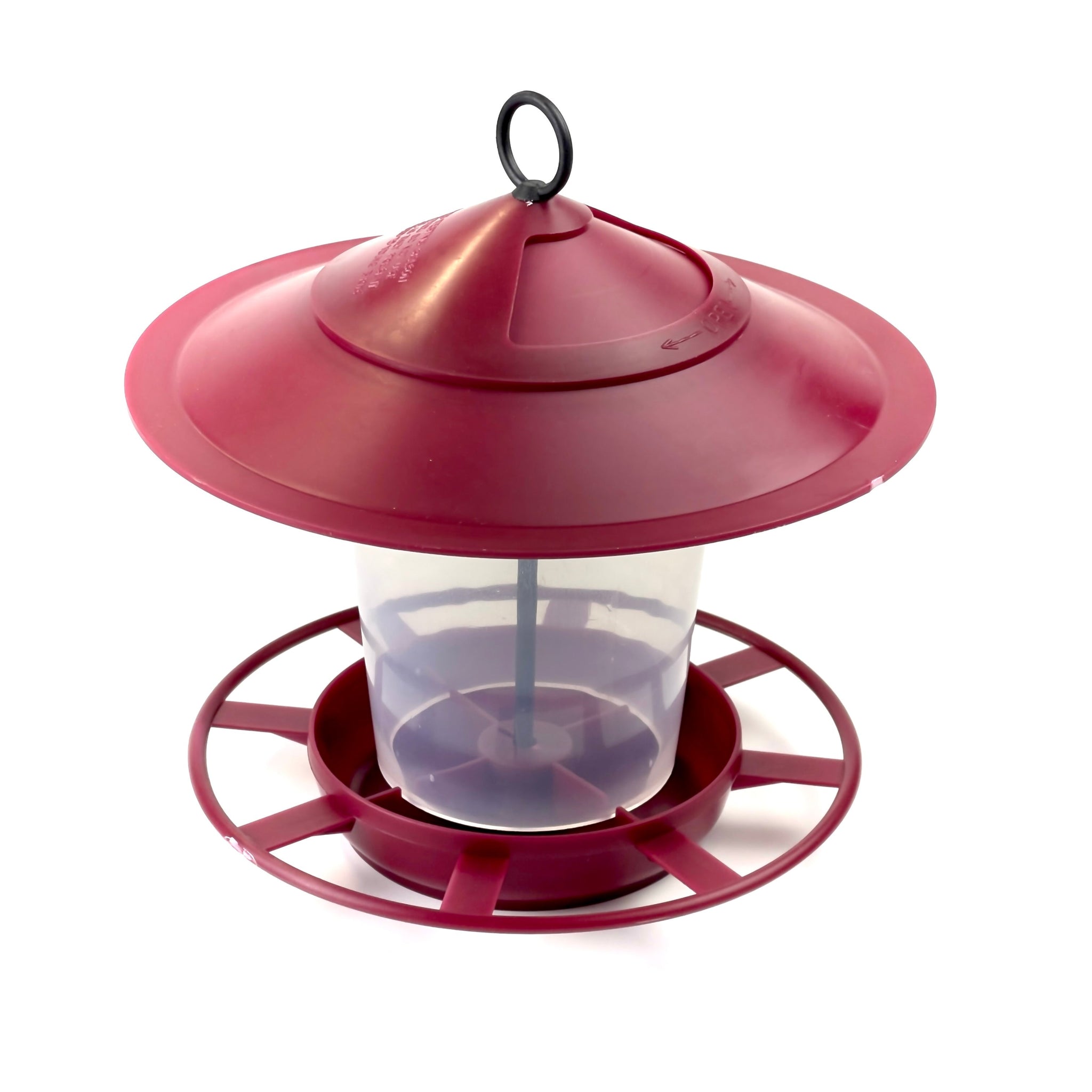 The Etree Bird Feeder Lanterns - Easy to Clean Prevent Disease & Protect Wildlife in Florentine Red feature a conical roof, a transparent cylindrical container, and a circular perch. Equipped with a central hanging loop at the top, its design is simple and modern, creating a hygienic feeding environment for small birds while making an excellent bird feeding accessory for your garden.