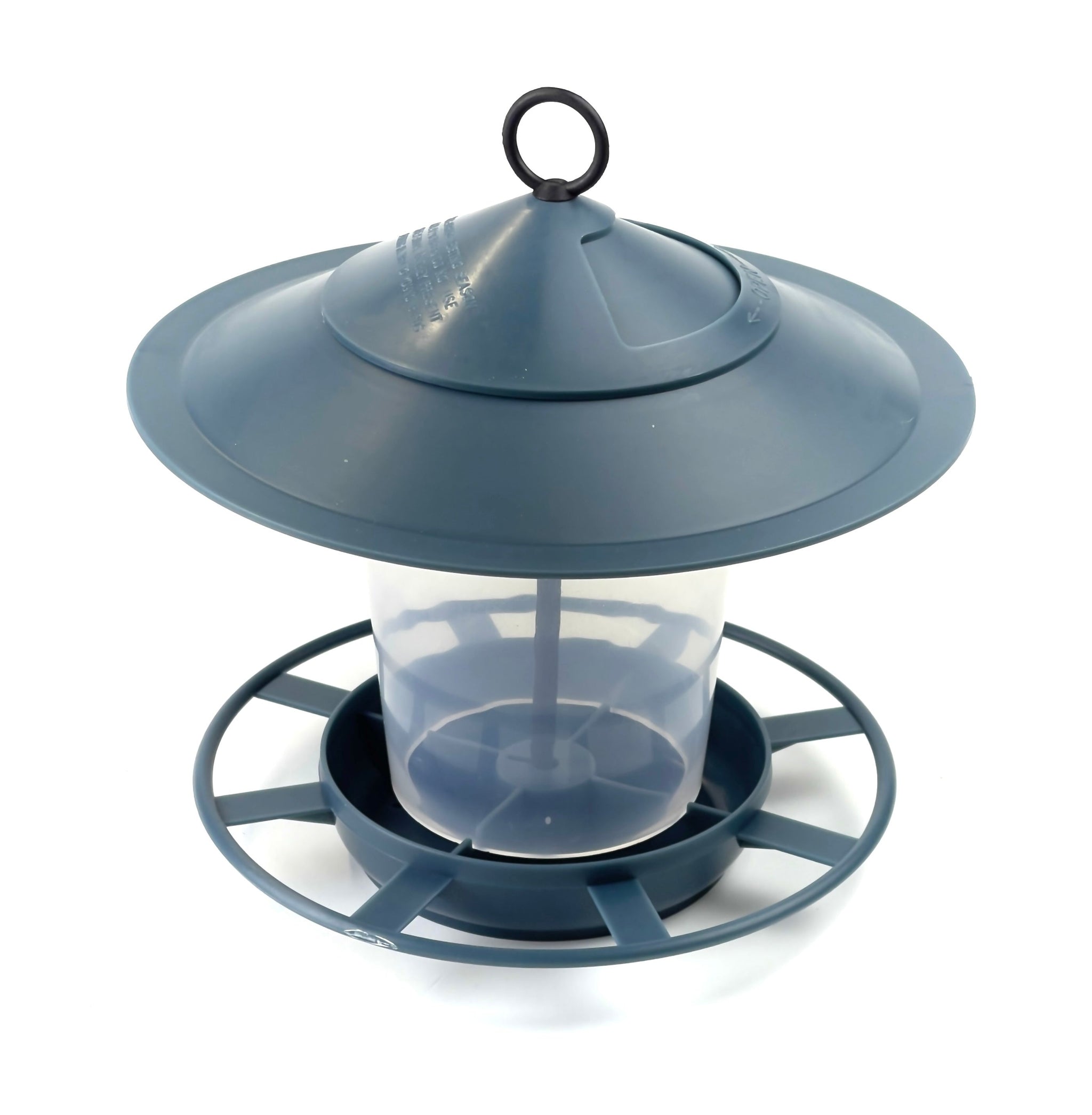 The Etree Bird Feeder Lanterns in Midnight Teal Blue is a circular bird feeding accessory featuring a large lid and a transparent central tube for holding seeds, promoting a hygienic feeding environment. It includes a ring around the base for birds to perch on and has a loop at the top for convenient hanging.