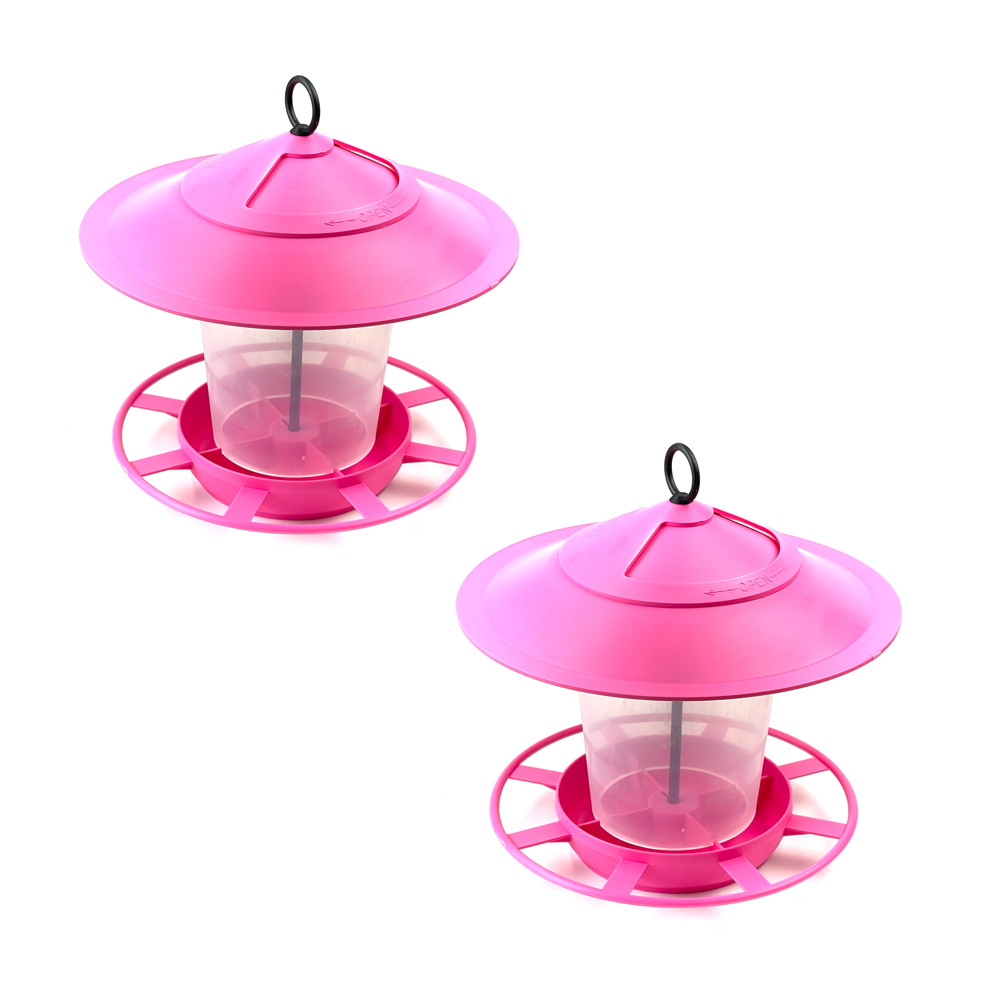 Two pink Etree Bird Feeder Lanterns, featuring domed roofs and cylindrical seed compartments, are shown against a white background. Each Easy to Clean Prevent Disease & Protect Wildlife feeder features a loop at the top for hanging and a circular tray at the bottom with multiple perches, ensuring a hygienic feeding environment for your feathered friends.