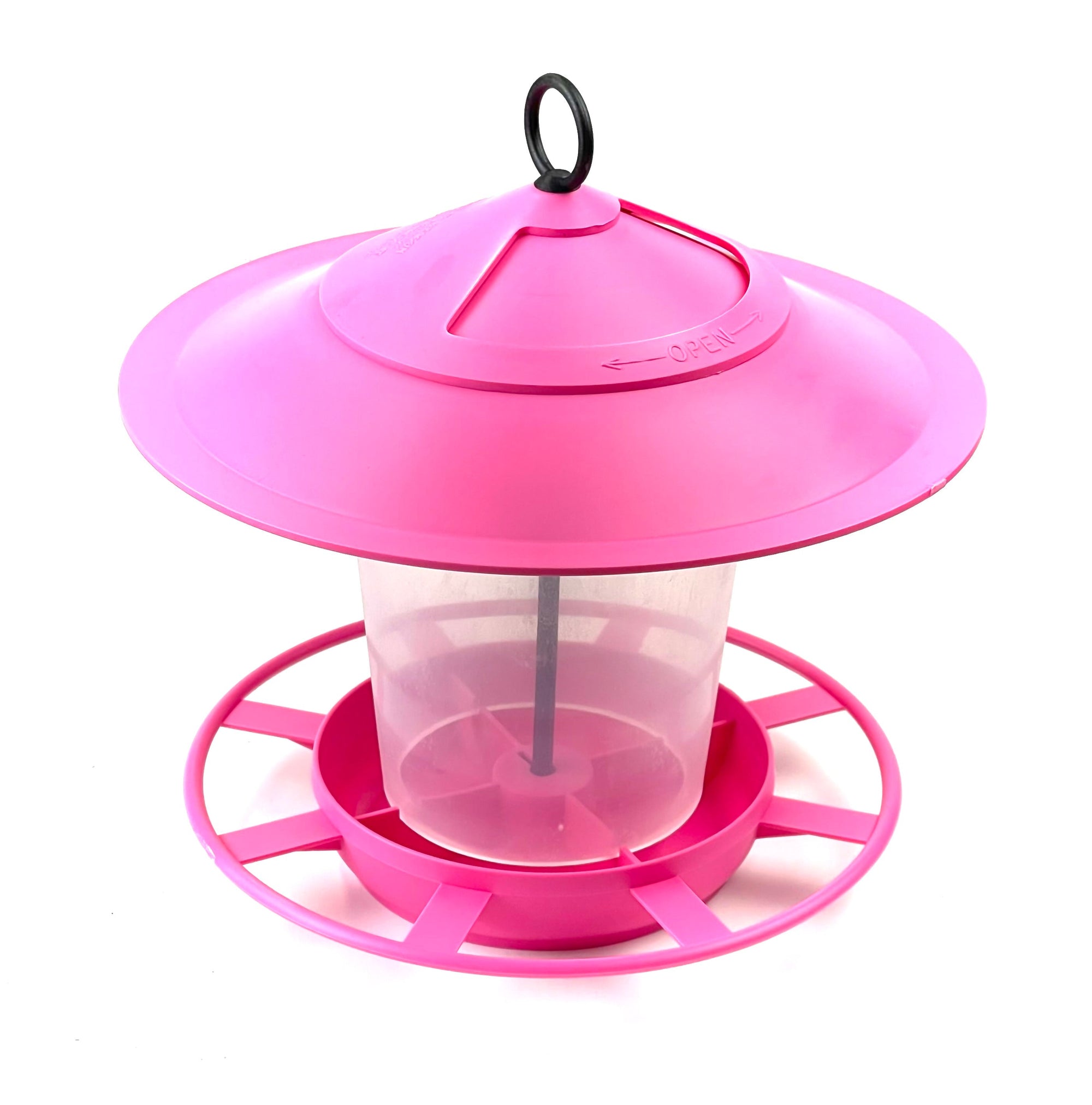 The Etree Bird Feeder Lanterns in vibrant pink feature a conical lid, a transparent cylindrical body, and a circular base designed to accommodate multiple birds for perching and feeding. This feeder promotes a hygienic environment with the word "open" engraved on the lid for easy refilling.