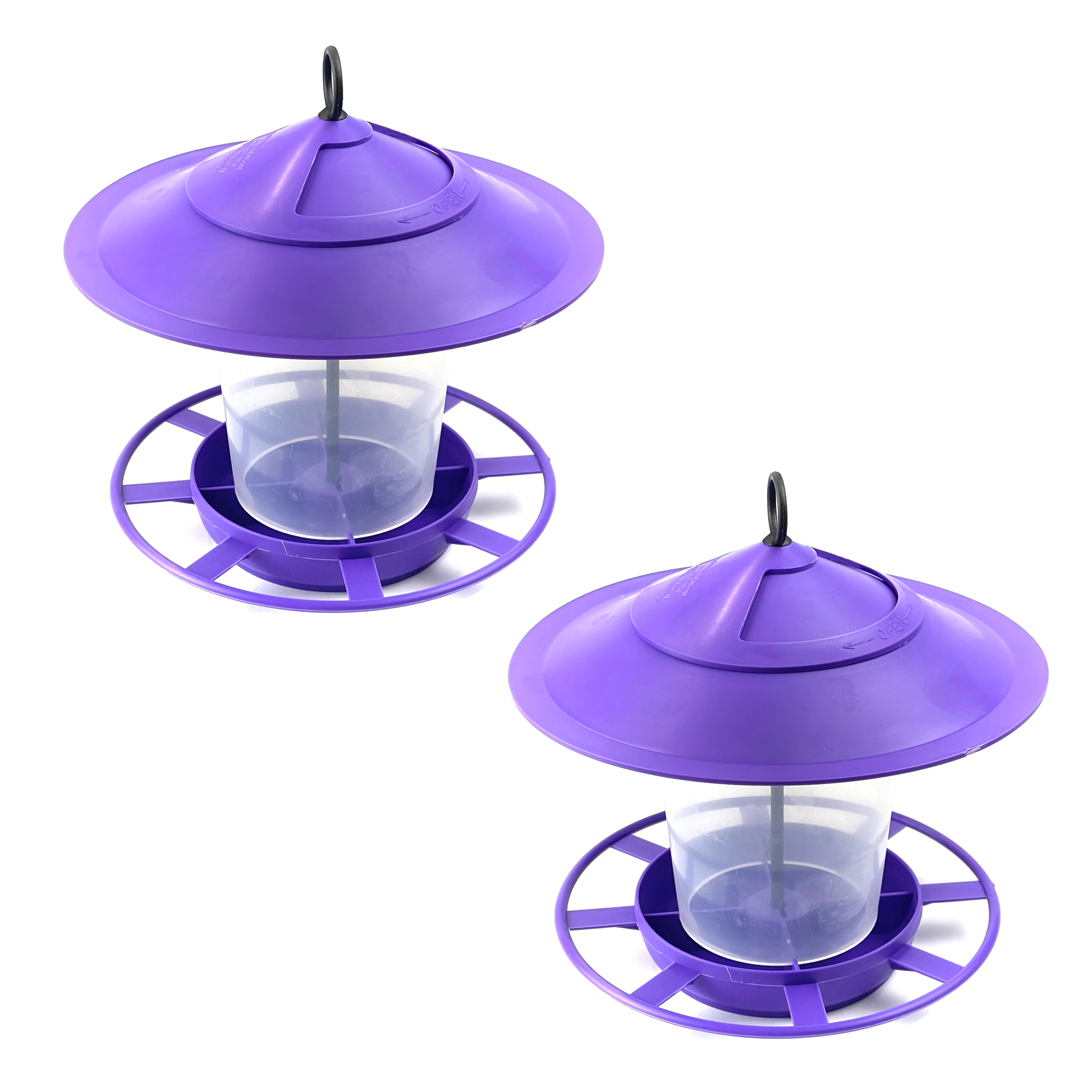 Two purple Etree Bird Feeder Lanterns - Easy to Clean Prevent Disease & Protect Wildlife have conical lids and circular perches and are placed side by side. These feeders feature clear cylindrical bodies for holding birdseed, ensuring a hygienic feeding environment. Both are hanging by hooks on top of the lids. The image is set against a white background.