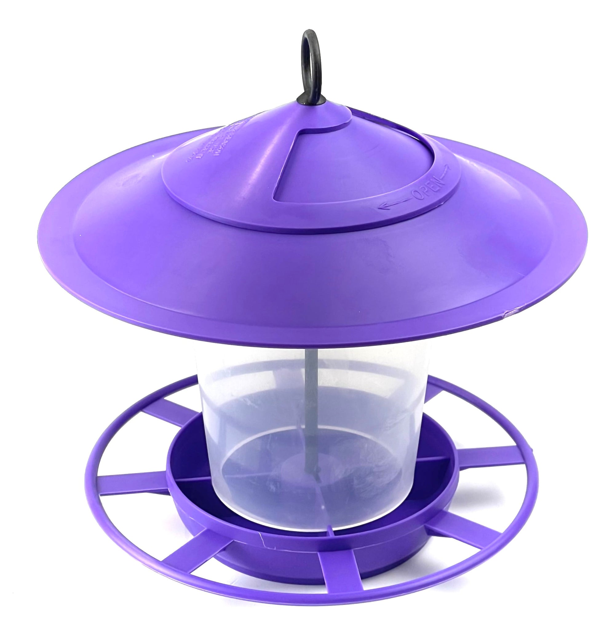 The Etree Bird Feeder Lanterns - Easy to Clean Prevent Disease & Protect Wildlife is a purple bird feeder featuring a round top and bottom structure. It has a clear cylindrical container for holding birdseed and includes a circular perch for birds to stand on. This hygienic feeding accessory, equipped with a convenient hanging hook, ensures an easy-to-maintain environment for your feathered friends.