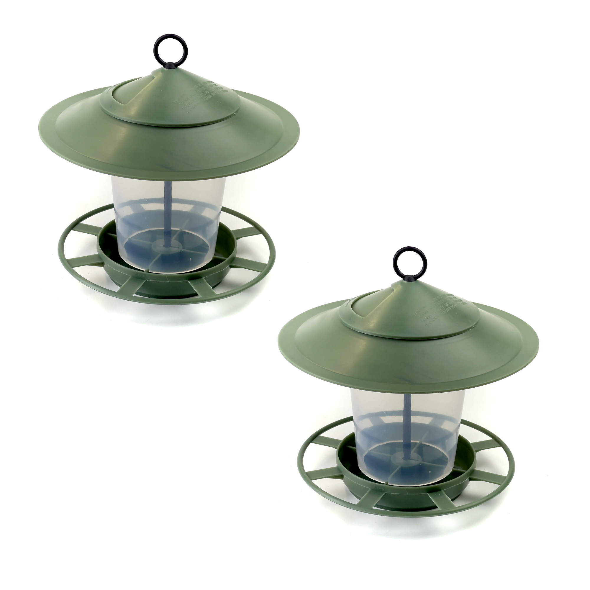 Two slate green bird feeders with a central cylindrical container and circular perches. Each feeder, an Etree Bird Feeder Lantern - Easy to Clean Prevent Disease & Protect Wildlife, has a conical top with a hanging ring. The design offers a hygienic feeding environment and is both simple and functional among bird feeding accessories.