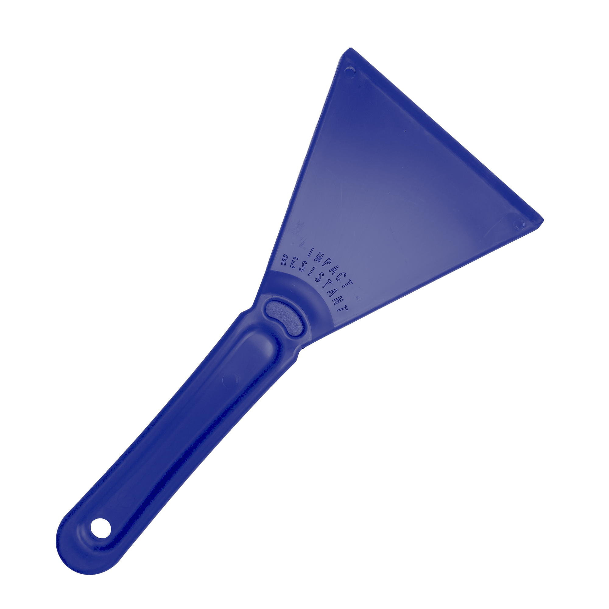 The Essential Car Windscreen Ice Scraper is a blue plastic tool featuring a wide, triangular blade and a handle with a hole for hanging. The blade, embossed with the text "IMPACT RESISTANT" near the handle, is crafted from durable materials designed to effectively remove frost and ice.