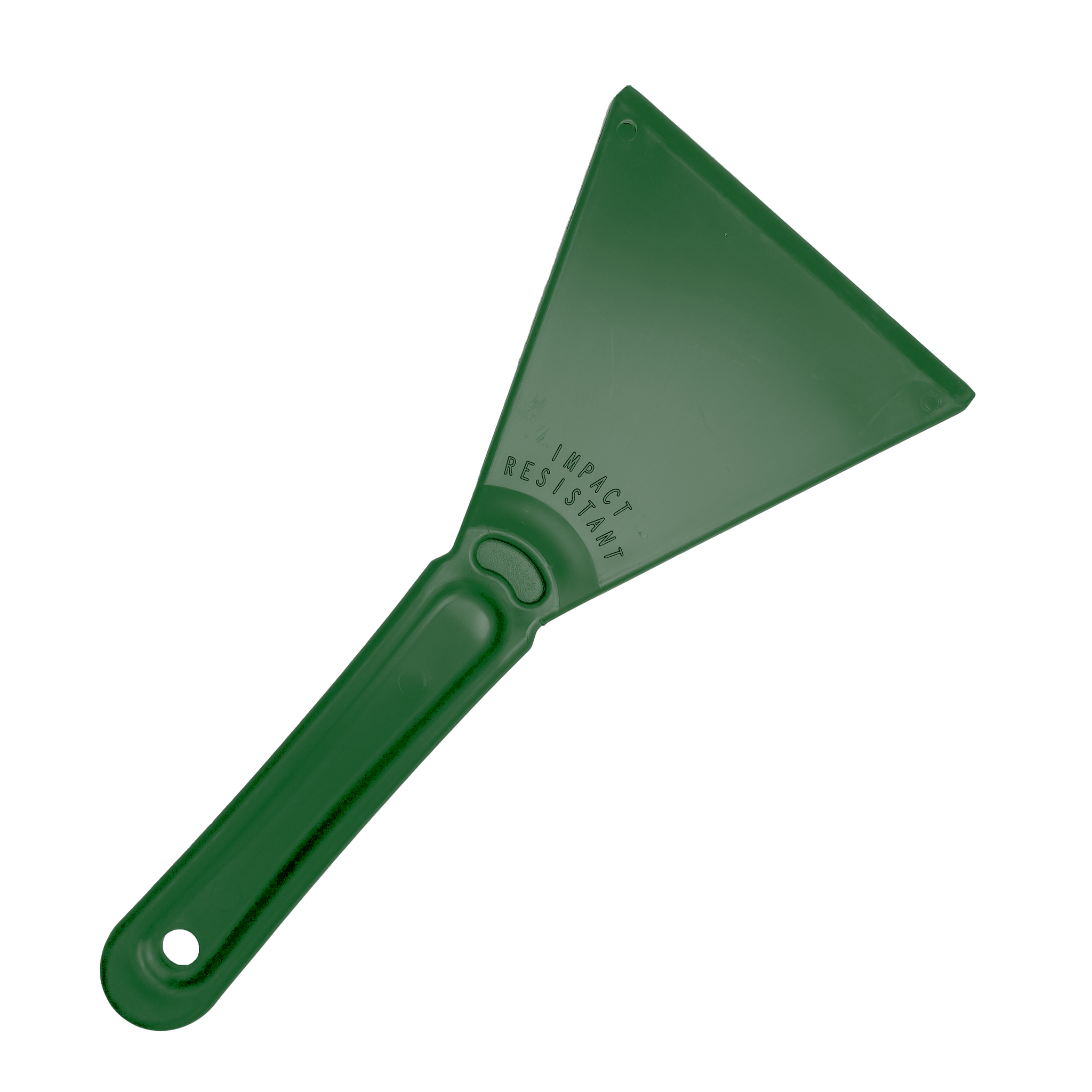 The Essential Car Windscreen Ice Scraper is a green plastic tool featuring a flat, triangular blade and a hole at the handle's end. Ideal for frost and ice removal, it is crafted from durable materials with "IMPACT RESISTANT" embossed near the handle to ensure reliability in tough conditions.