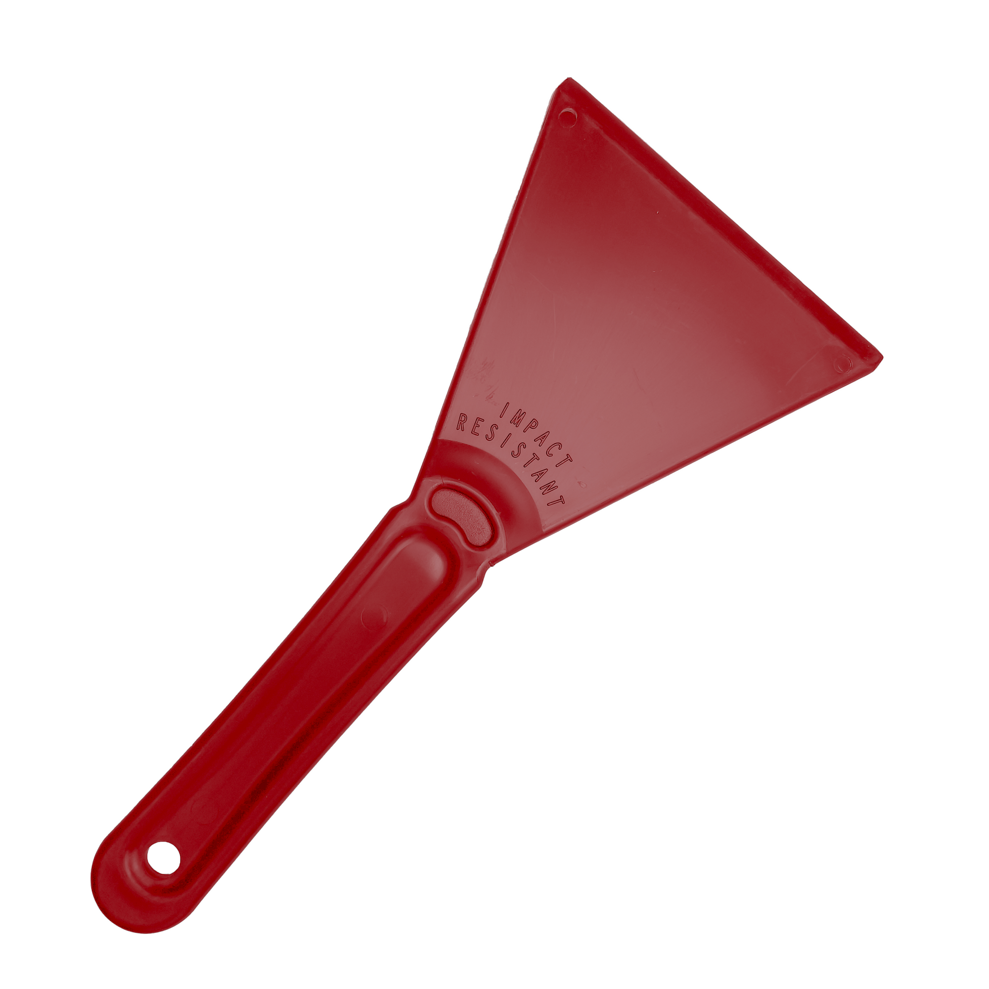 Introducing the Essential Car Windscreen Ice Scraper—a red plastic scraper featuring a flat, triangular blade with "Impact Resistant" embossed on it. The handle includes a hole at the end, ideal for hanging. This indispensable tool is designed for efficient frost and ice removal, crafted from durable materials to ensure long-lasting performance.