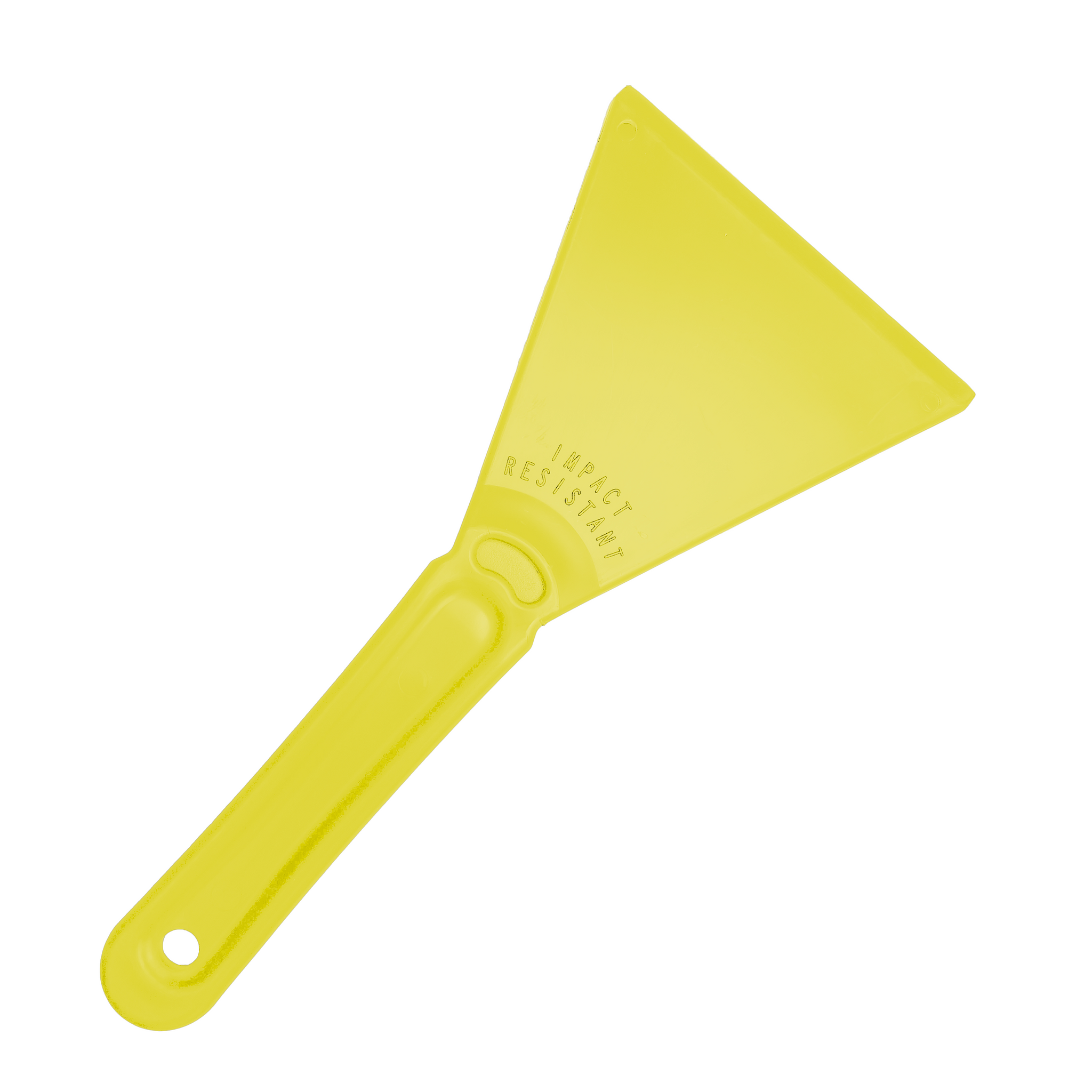 The Essential Car Windscreen Ice Scraper is a yellow plastic scraper crafted from durable materials, featuring an ergonomic handle with a hole at the end for easy hanging. Its triangular head is perfect for frost and ice removal, and the handle is embossed with "IMPACT RESISTANT" to guarantee longevity in harsh conditions.