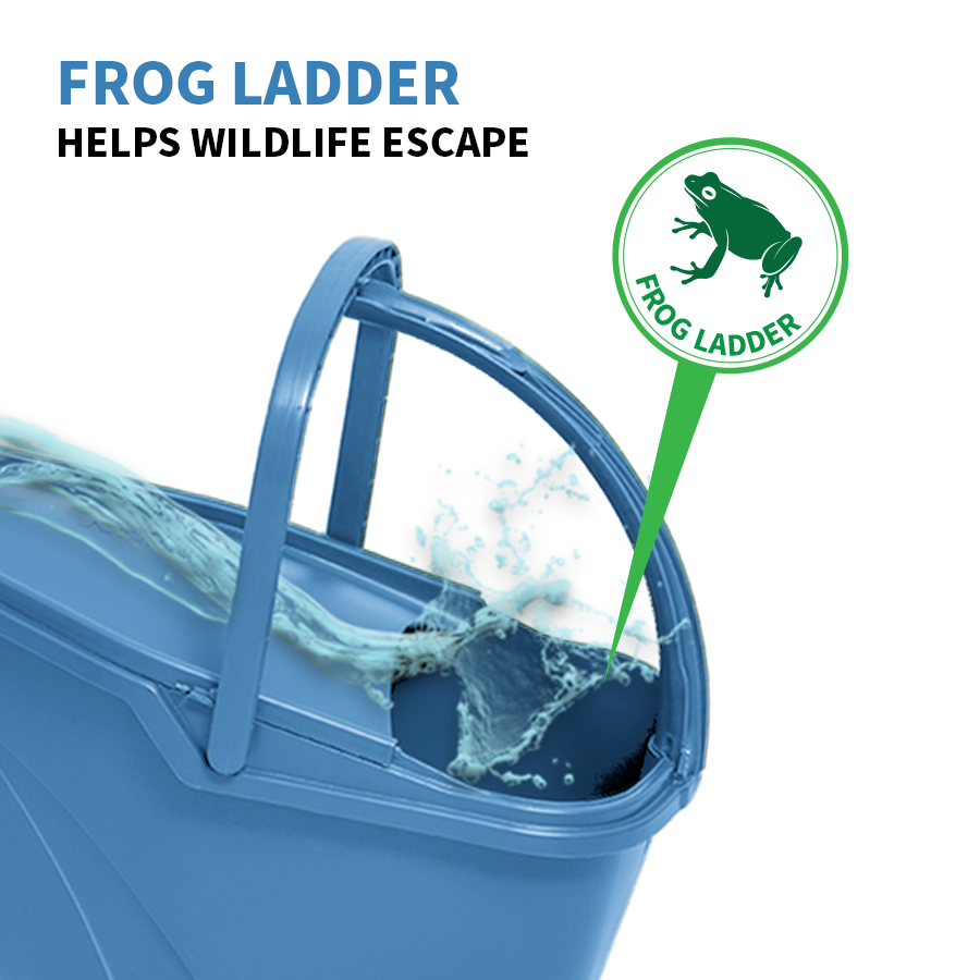 A blue container partially filled with water features a frog ladder, crafted from a Prevented Ocean Plastic™ Rain Collecting Watering Can in Ocean Blue (7 Litre), which is a green ramp that allows frogs to climb out. Text reads "Frog Ladder" and "Helps Wildlife Escape," with an illustration of a frog on the ladder.