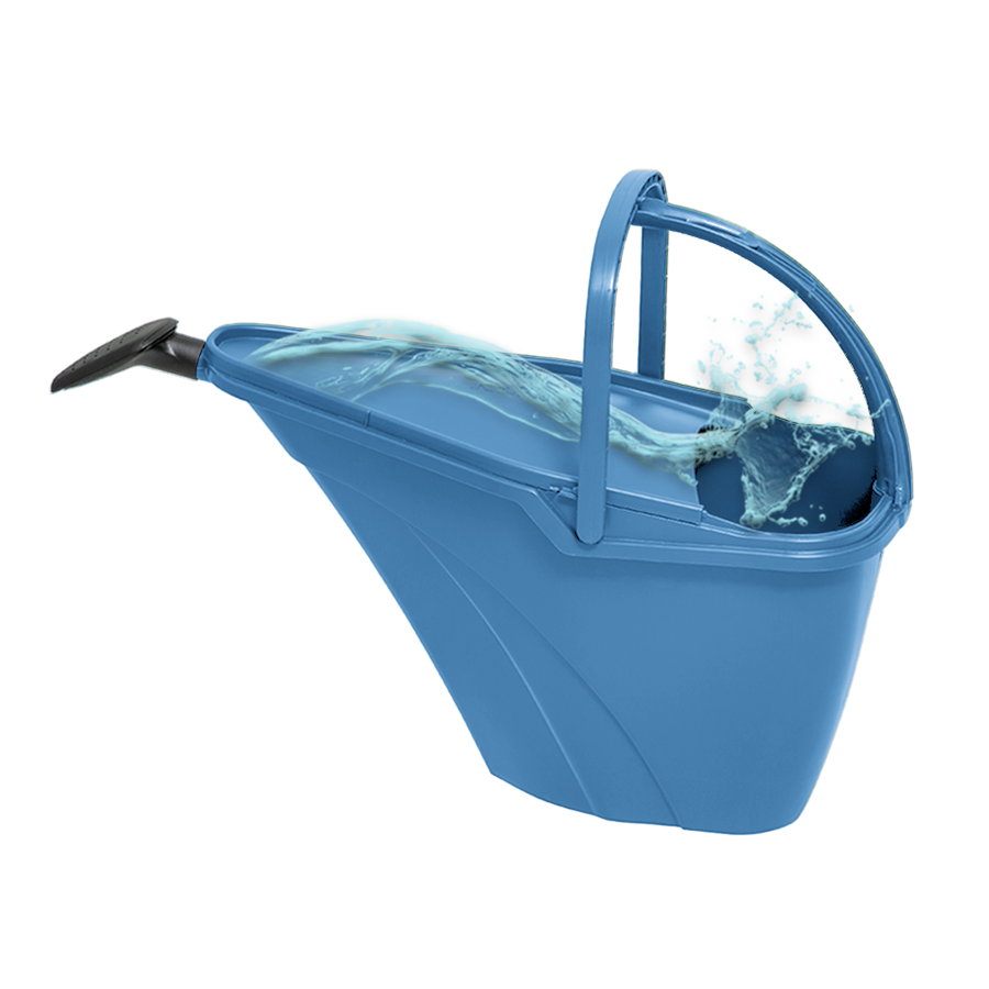 The Prevented Ocean Plastic™ Rain Collecting Watering Can in Ocean Blue (7 Litre) is depicted pouring out water through its long spout. Crafted from recycled plastic, this eco-friendly watering can features a large handle on the top. Water is shown in mid-pour, creating a splash effect, making it perfect for gardening purposes.