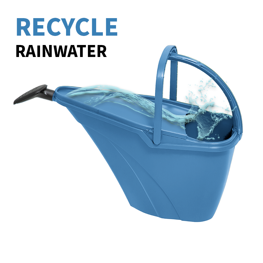 The Prevented Ocean Plastic™ Rain Collecting Watering Can in Ocean Blue (7 Litre) is displayed, featuring a handle and a spout, crafted from recycled plastic watering cans, with water splashing inside. The text above reads, "RECYCLE RAINWATER.