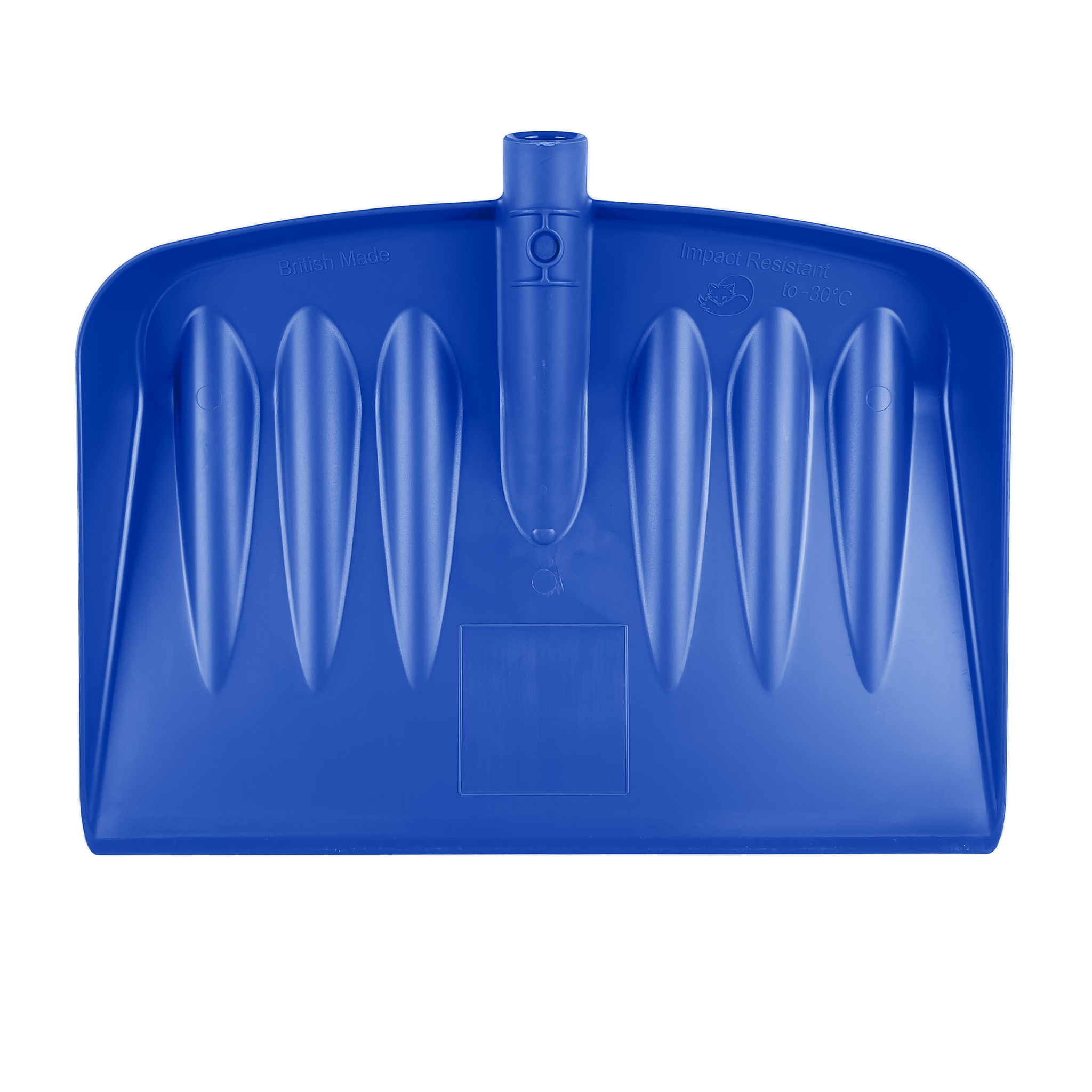 The Snow & Garden Shovel Blade Heavy Duty Impact Resistant is a blue plastic shovel head featuring a rectangular blade with ribbed reinforcement. It includes a circular slot at the top for attaching a handle, and has text and icons molded into the plastic that indicate its impact resistance and temperature tolerance.