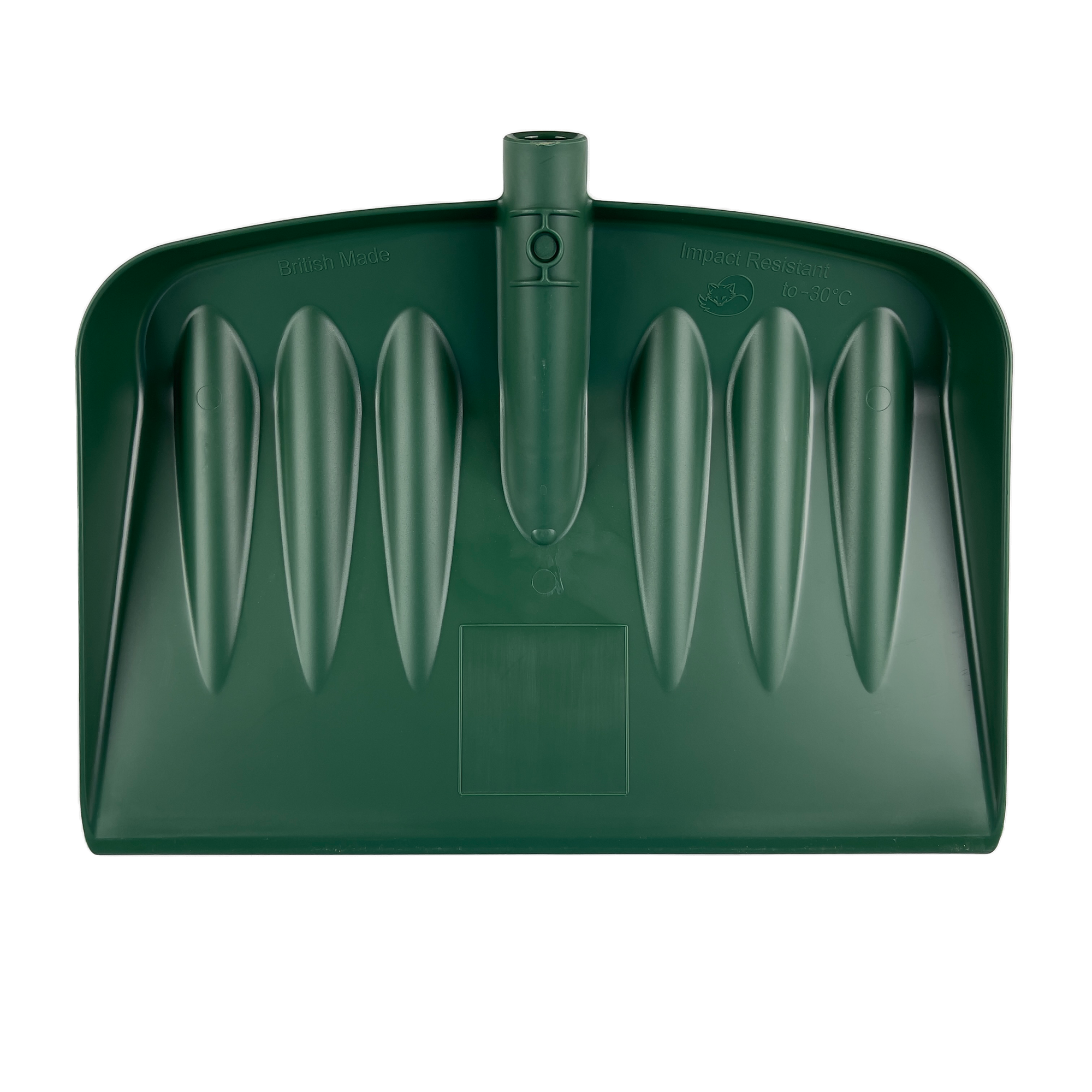 The Snow & Garden Shovel Blade Heavy Duty Impact Resistant is a green plastic shovel head featuring a smooth, wide blade with reinforced ridges for added strength. It has mounting points for attaching a handle and includes text indicating it is made in Britain and is resistant to impact up to -20°C.