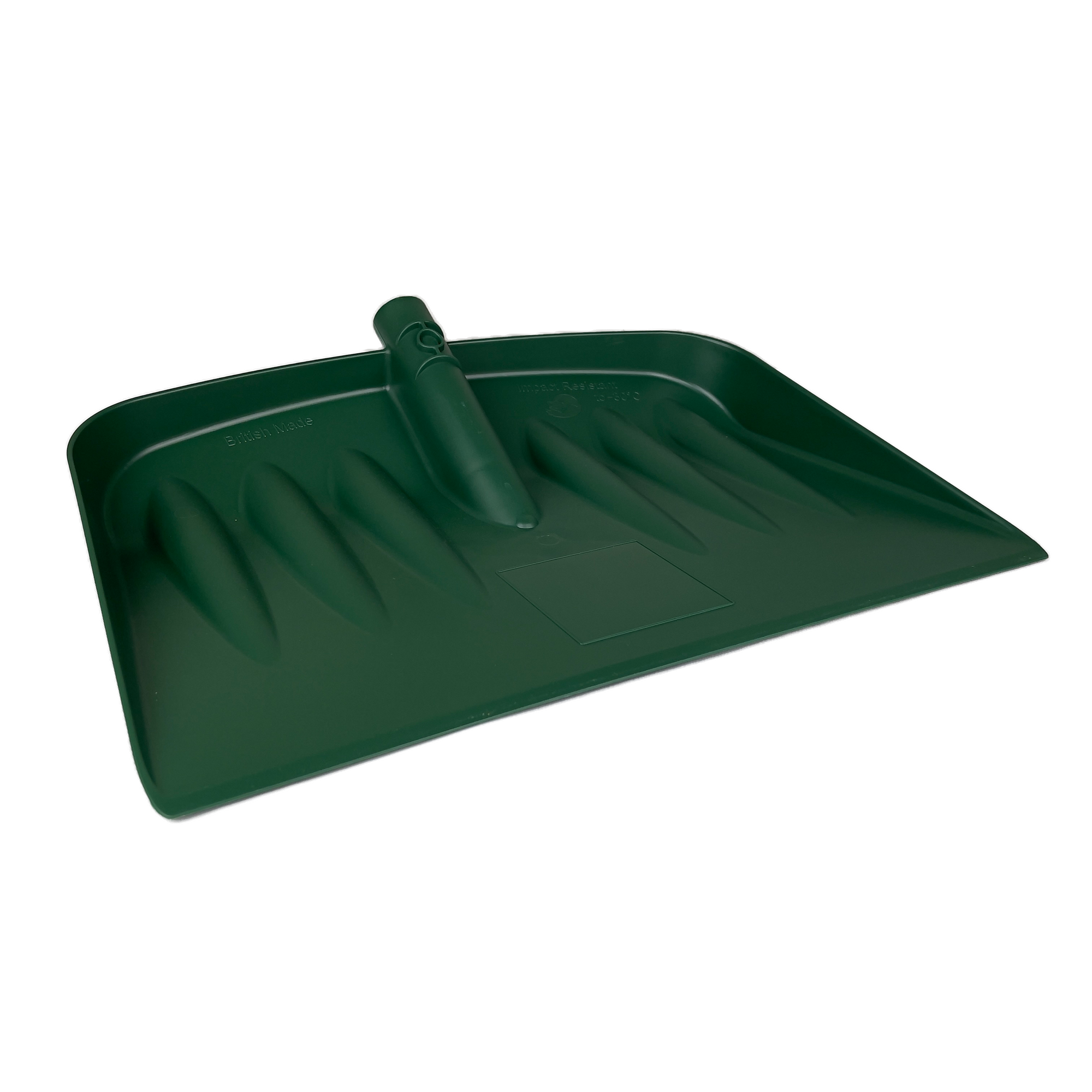 The Snow & Garden Shovel Blade Heavy Duty Impact Resistant is designed for efficient snow removal with a green blade featuring a curved edge, ridges for reinforcement, and a smooth surface. It also includes a cylindrical attachment point for the handle in the center to ensure impact resistance during use.