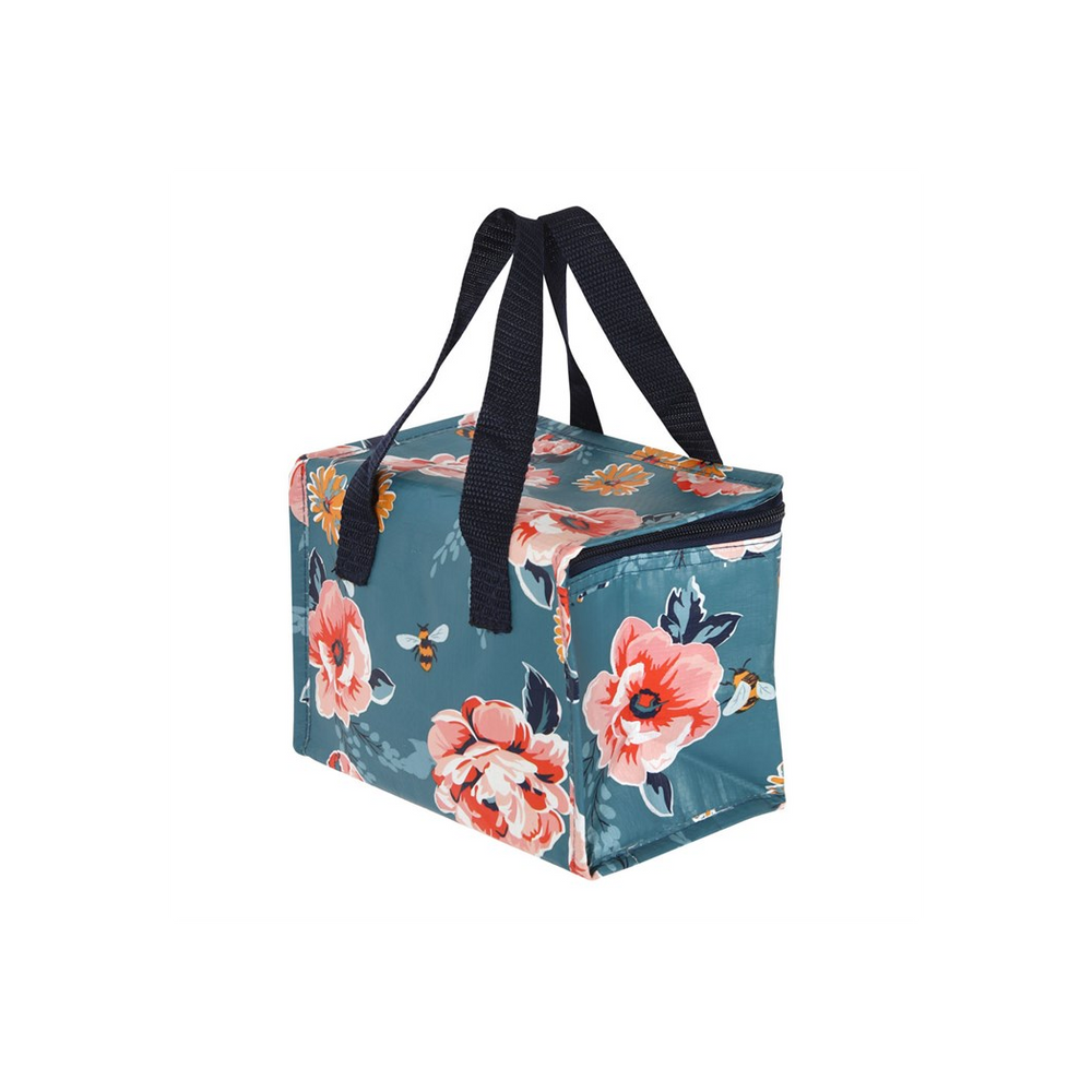 The Bee-utiful Floral Lunch Bag is an insulated, rectangular lunch bag made from recycled plastic. It features a blue background adorned with pink and orange flowers and bees, complemented by black straps. The bag has a zippered top to ensure that the contents remain secure and fresh.