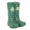 Introducing the Dark Green Welly Boot Planter, featuring polka dots and 'Love Grows Here' written on it, perfect for adding charm to your garden decor.